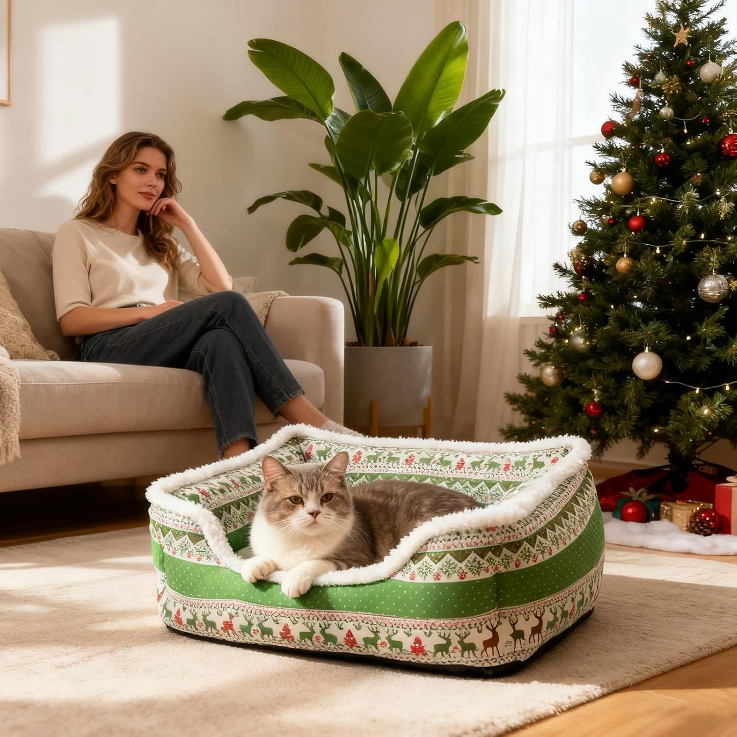 Christmas Cat Bed - Plush Comfortable Washable Pet Cushion for Winter Rest, Soft Thick Padding with Removable Cover, Sleigh Dog Bed for Outdoor Travel, Car, Camping, Desk, Window, Chair, Couch