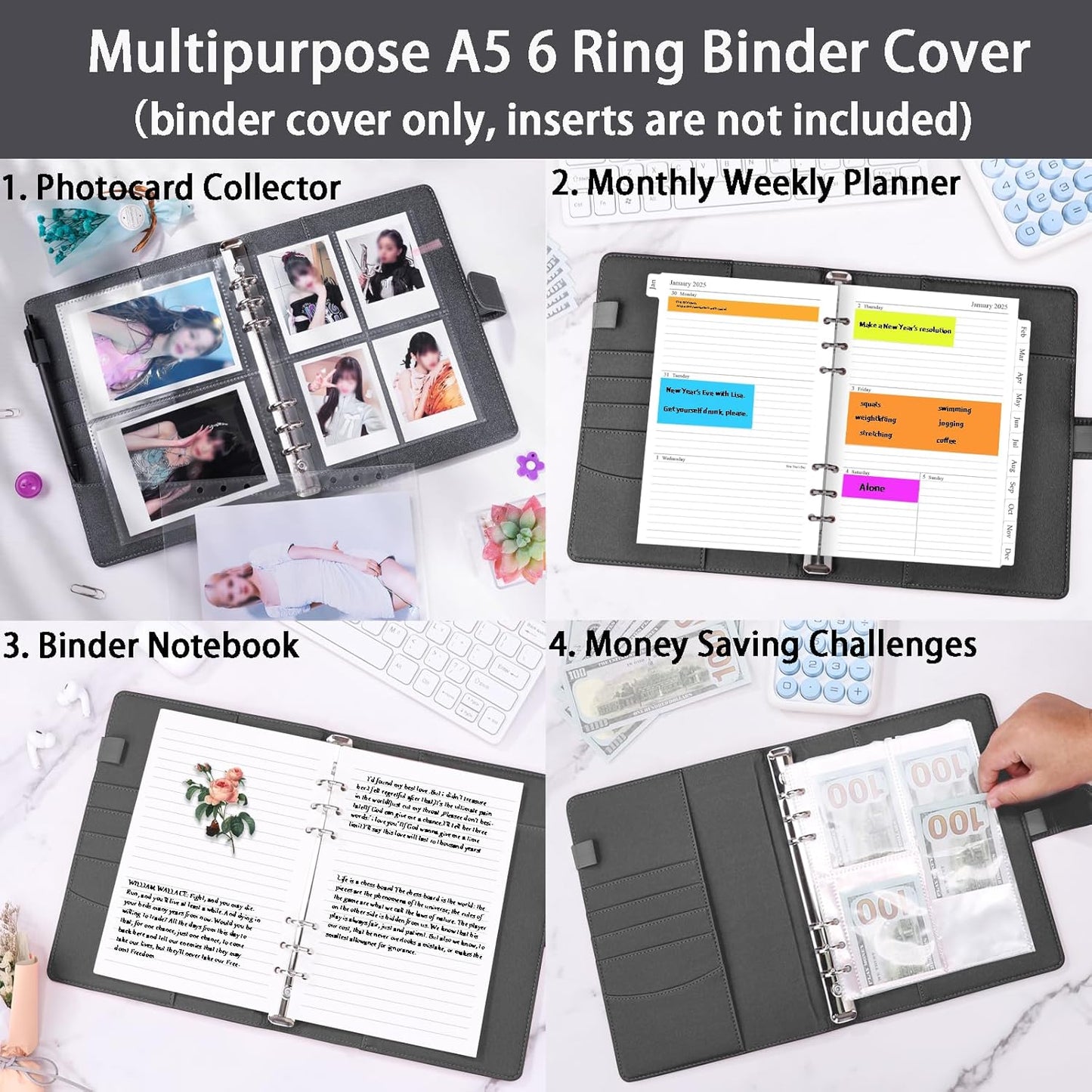 Antner A5 Binder 6 Ring Refillable Notebook Budget Planner Cover for Cash Organizer, PU Leather Loose Leaf Photocard Holder Aesthetic Binder with Magnetic Buckle for A5 Planner Inserts, Glitter Black