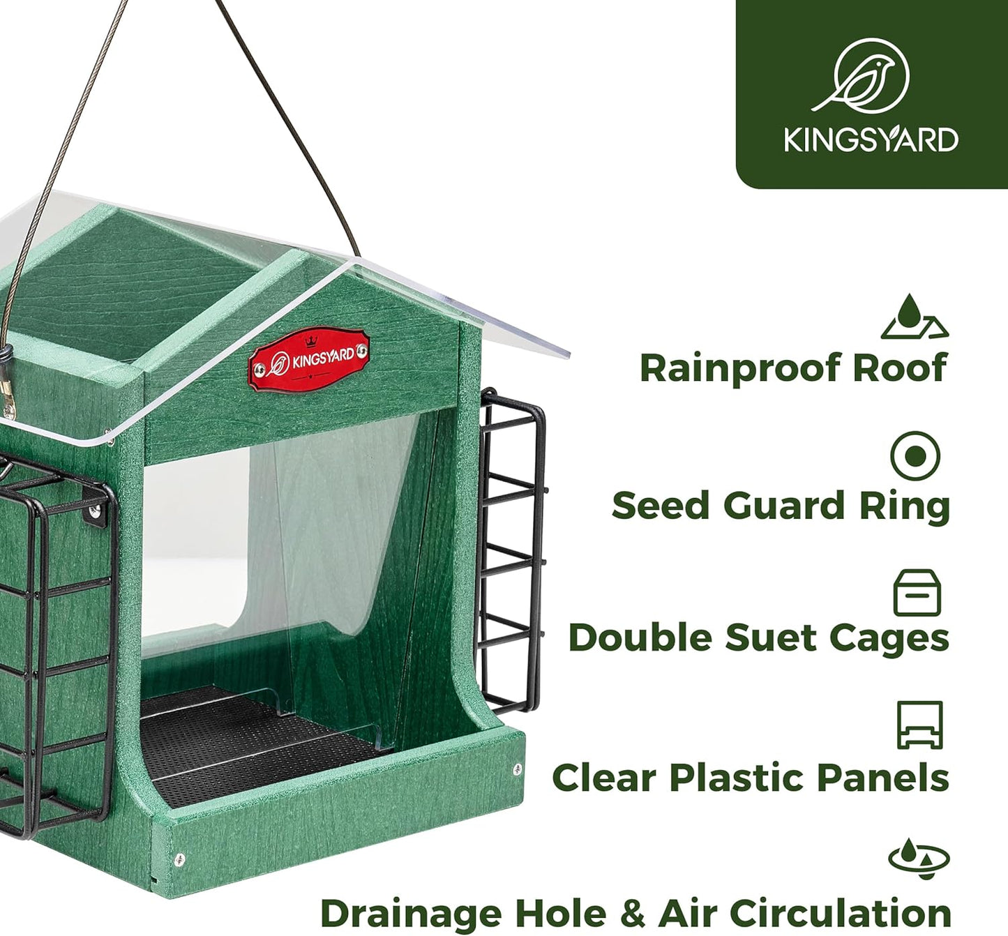 Kingsyard Bird Feeder for Outdoor Hanging - Recycled Plastic Double Suet Cages Wild Bird Feeder with Metal Mesh Tray and Rainproof Roof, 2.5 LBS Large Capacity. Green
