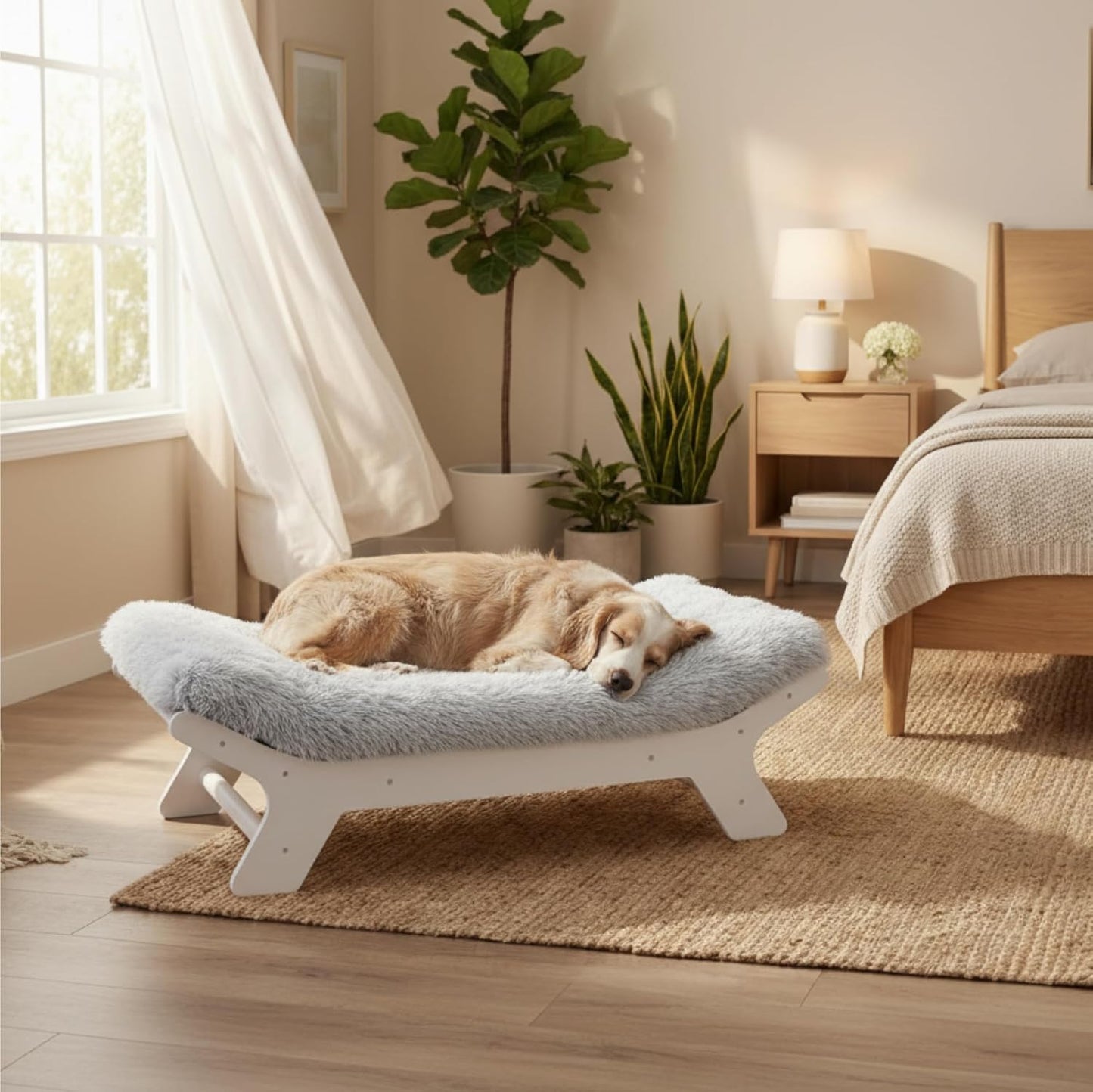 Muihood Wood Elevated Dog Bed Frame and Egg Crate Foam Mattress, Luxurious Suitable for Pets Up to 95 lbs, White, XL