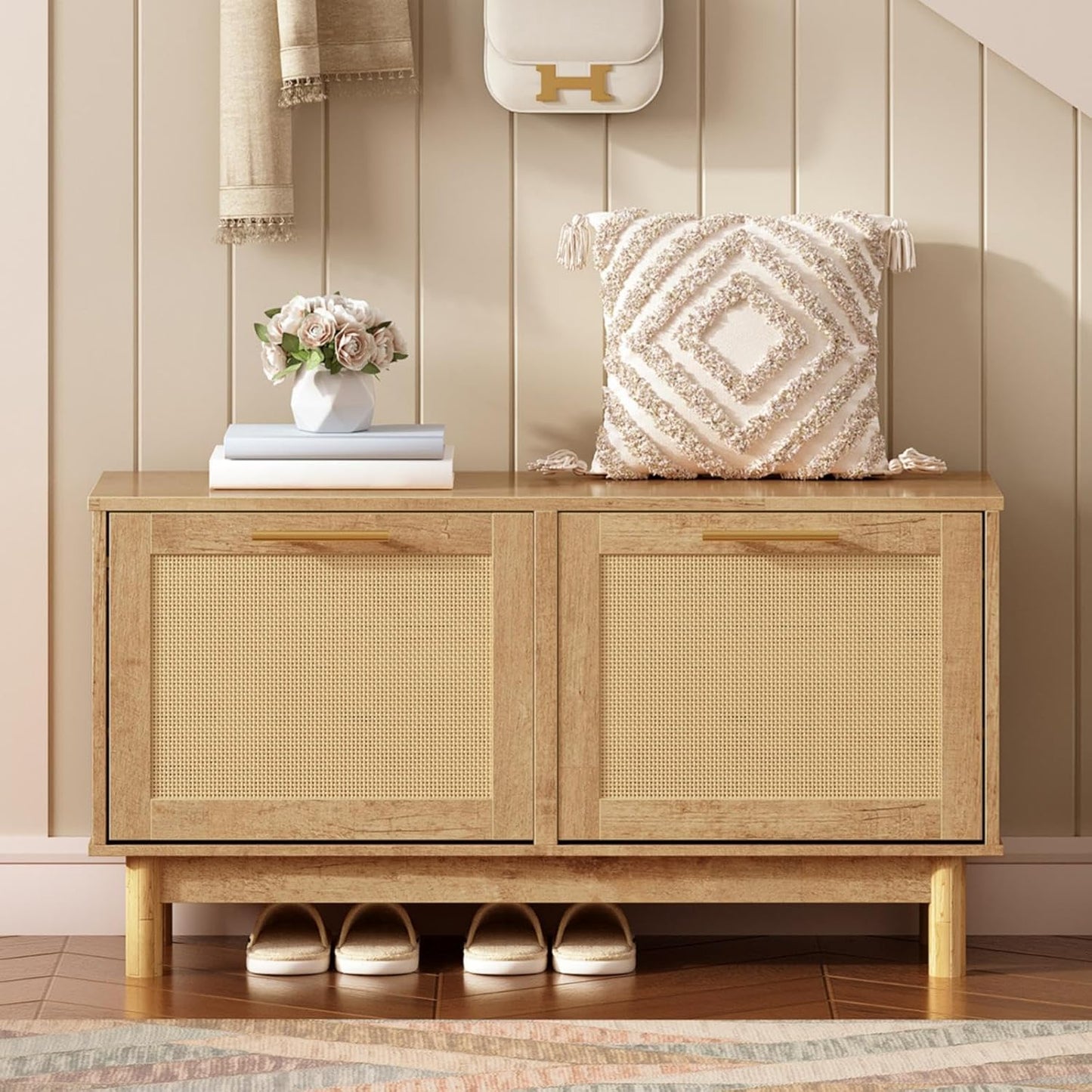 HOOBRO Rattan Shoe Storage Bench with Double Flip Drawers, Narrow Shoe Storage Organizer for Entryway, 11.8"D x 39.4"W x 20.9"H Hidden Space Saving Wooden Shoe Cabinet for Hallway, Natural NL51HX01