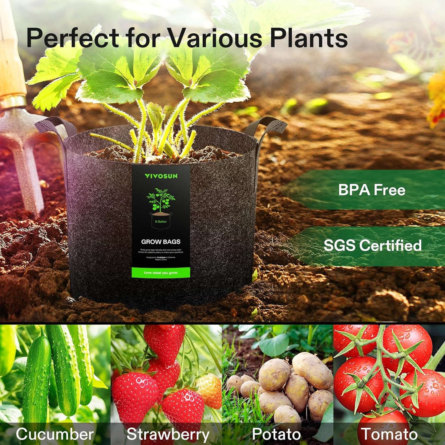 VIVOSUN 10-Pack 5 Gallon Grow Bags, Reinforced Planter Fabric Pots for Gardening Black