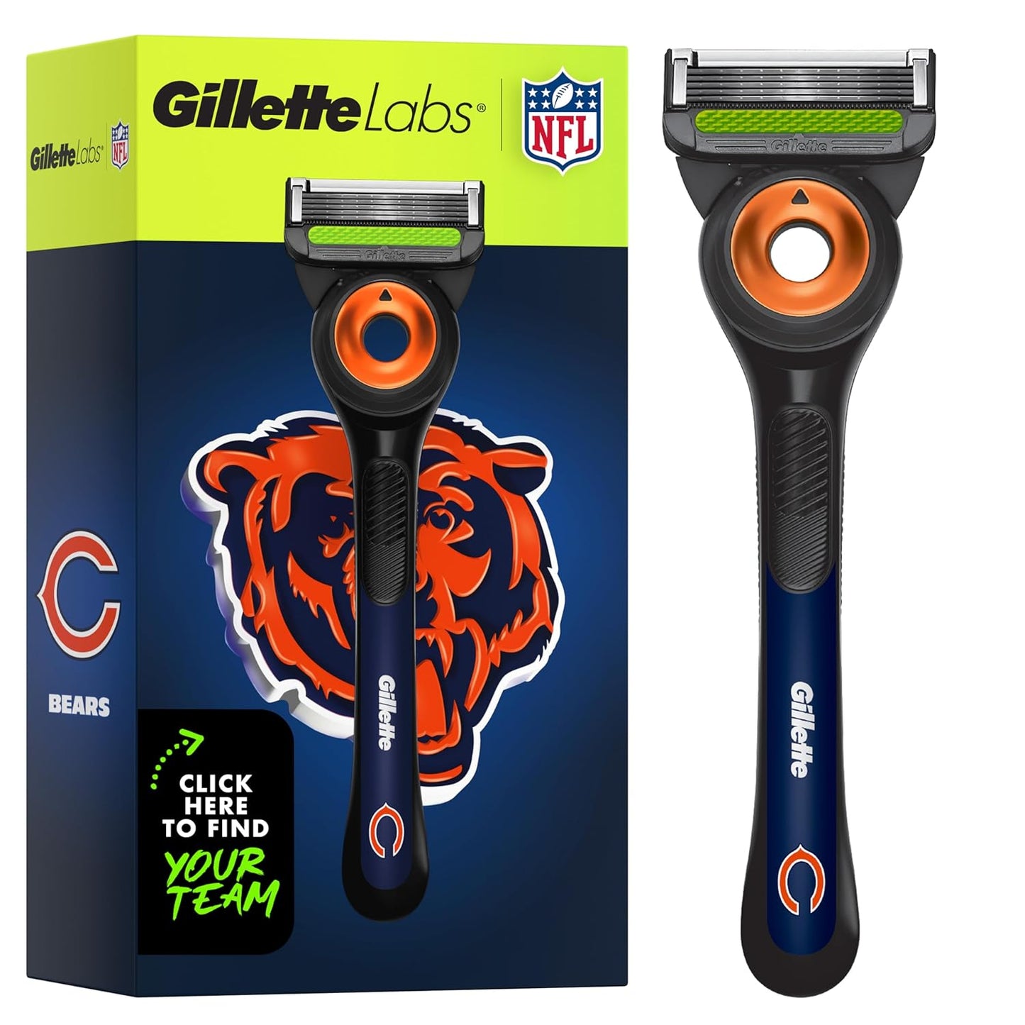 Gillette Labs Special NFL Bears Edition Shaving Razor for Men - 1 Handle, 4 Razor Blade Refills & Magnetic Stand, GilletteLabs with Exfoliating Bar