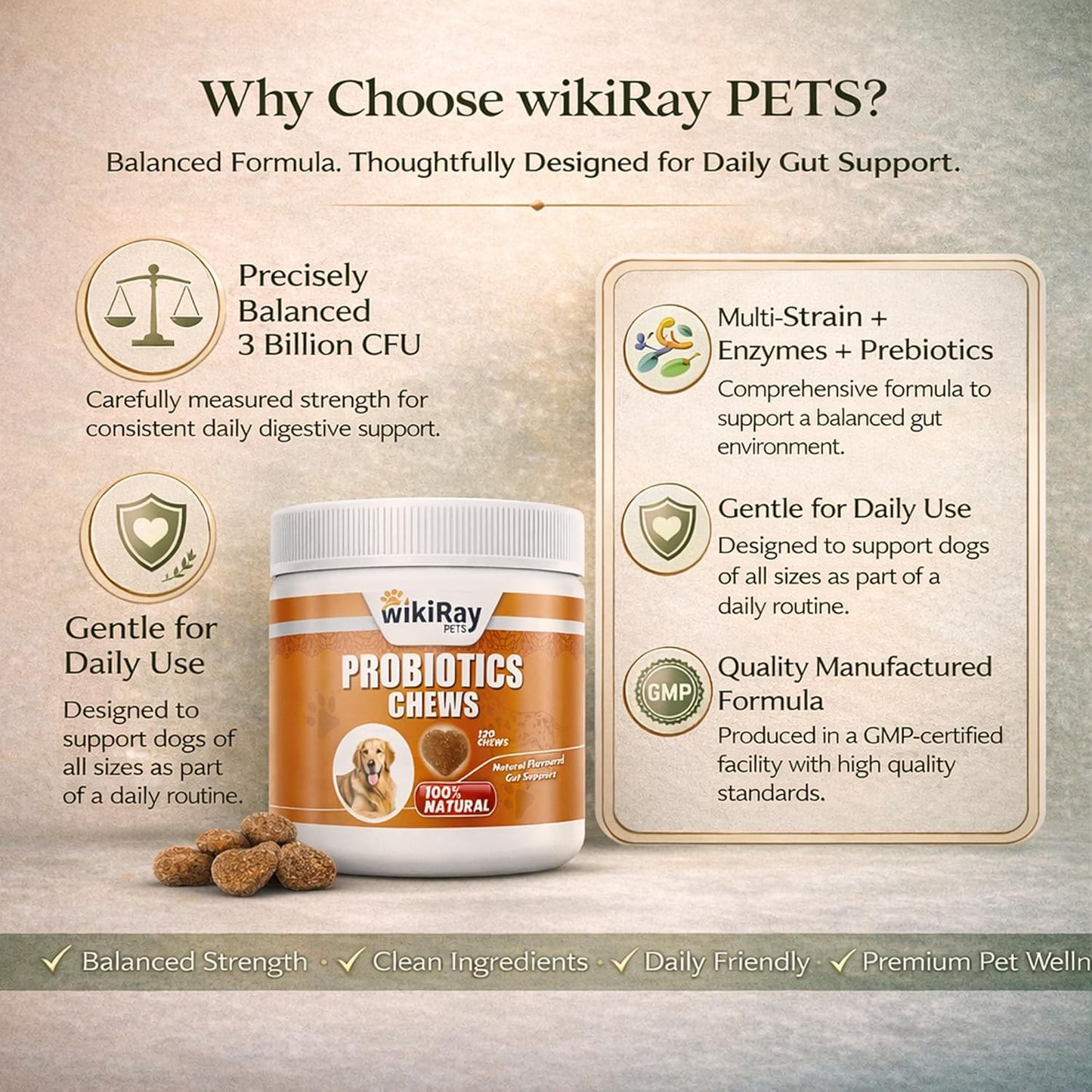 wikiRay Probiotics for Dogs – Soft Chews for Digestive Health & Immunity | 120 Chews | 3 Billion CFU, Pumpkin, Enzymes, Vitamins & Prebiotics | Made with Natural Ingredients