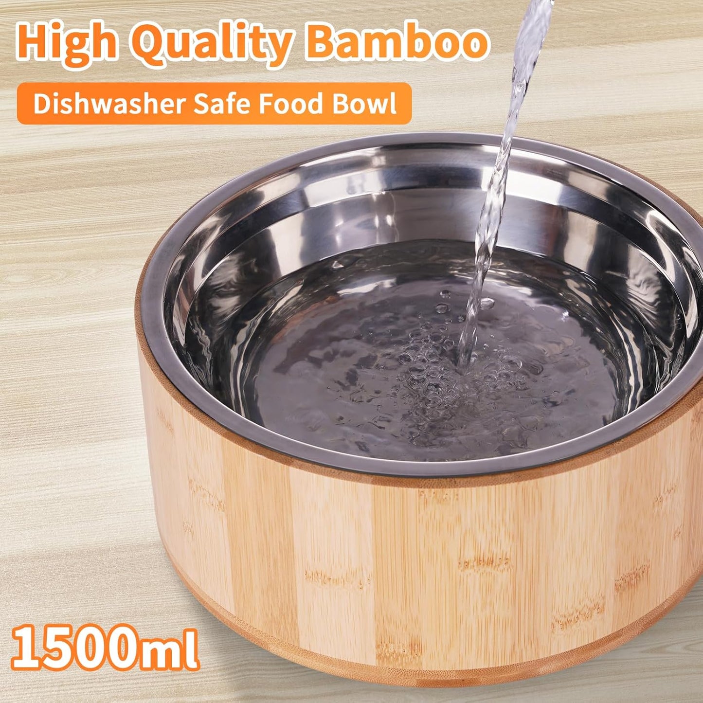 Elevated Dog Bowls for Large Dogs Feeder Two Bowls with a Stainless Steel and Bamboo Dishes，Raised Dog Bowl Stand with Non-Slip Feet，Ideal for Medium and Large Breeds， (13.5-inch High)