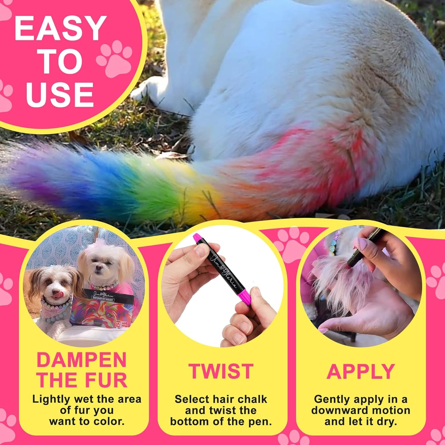 Jim&Gloria Washable Dog Hair Dye Markers, Pet Safe Grooming Kit, Temporary Fur Paint Animal Pens for Small to Large Boy and Girl Puppy Stuff Accessories, Birthday Gifts to Cat Lovers Set of 12 Color