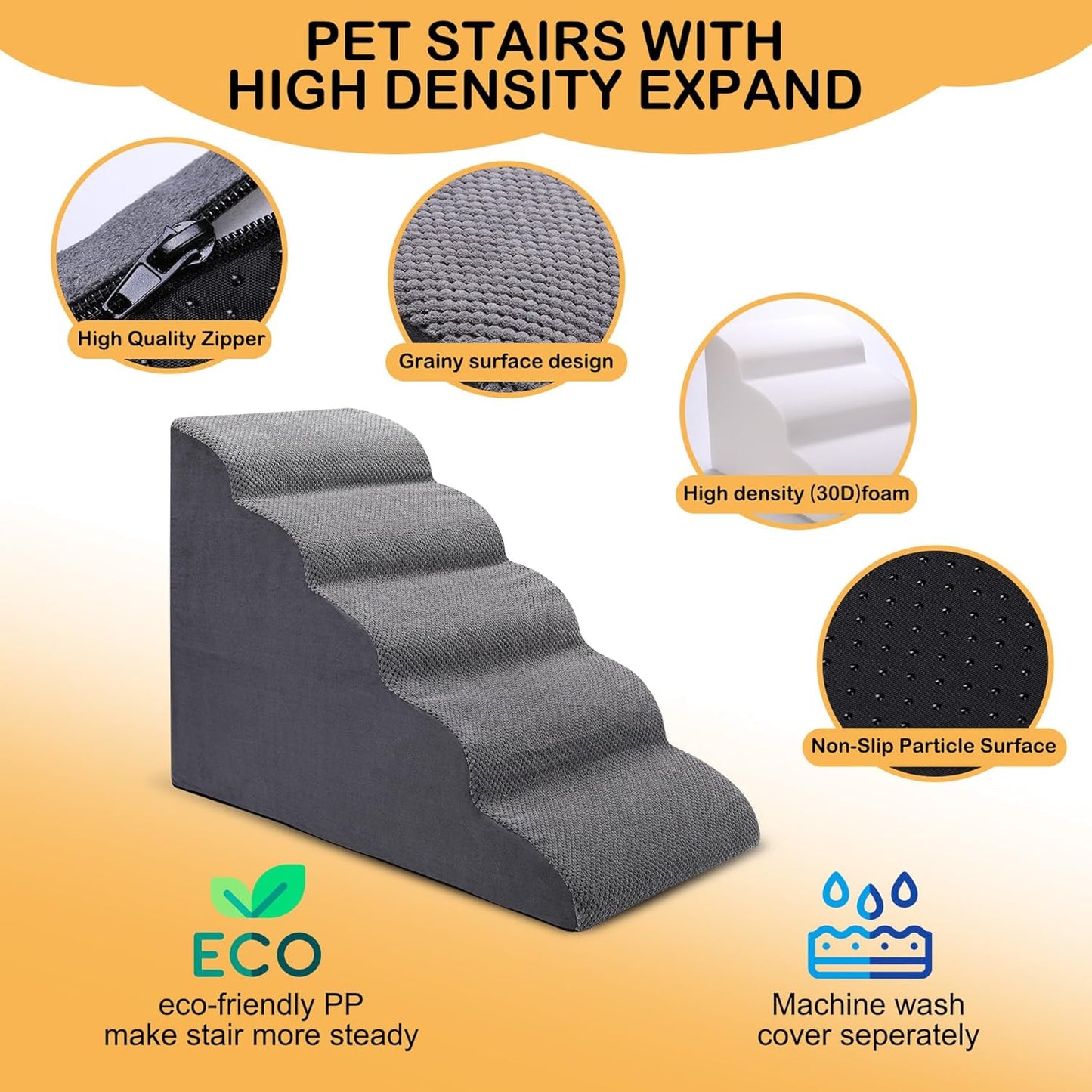 Dog Stairs for Bed, 5-Step Dog Steps for Couch and High Bed, Non-Slip Pet Stairs, 24" High Sofa Foam Ramp - Best for Small Pets, Older Cats with Joint Pain