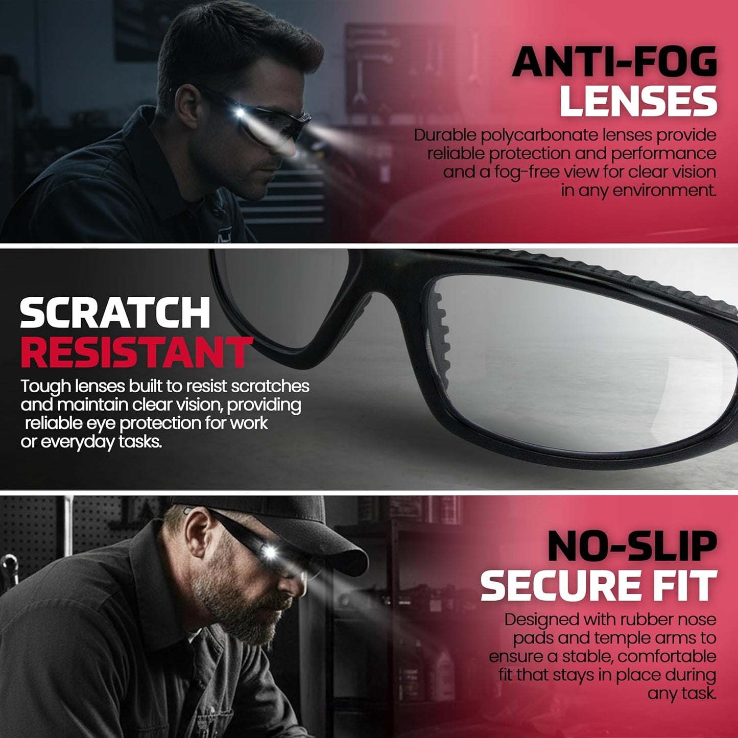 LED Inspector Safety Glasses | Protective Eyewear | Black Frame, Polycarbonate Clear Frames | Low to High Impact | Built-In LED Lights | 99.9% UV Protection | Woodworking, Construction, Mechanic