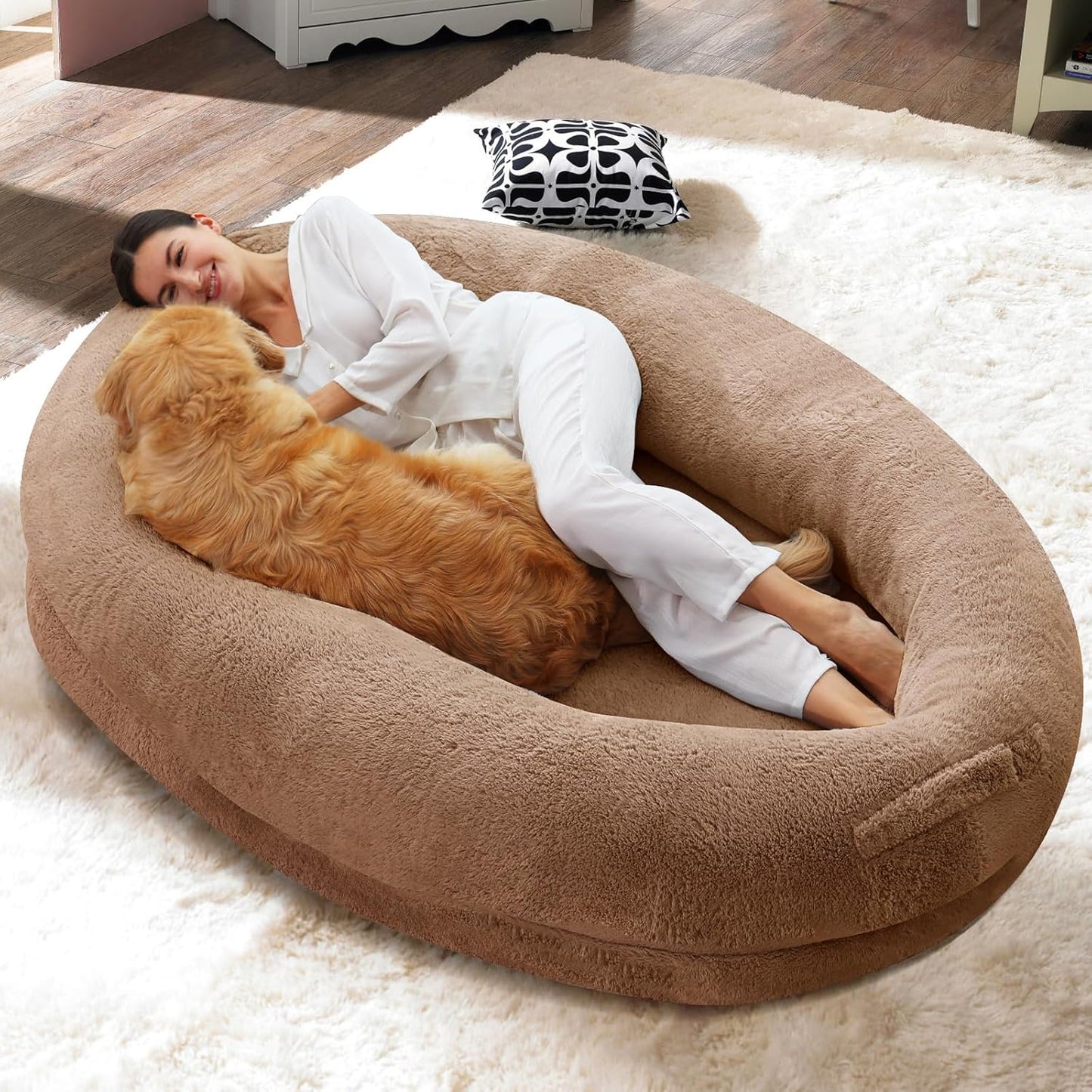 SUNYRISY Large Human Dog Bed, 71" x 47.2" x 12", Washable Faux Fur Non-Slip Bottom Giant Bed for Adults and Large Dogs, Brown