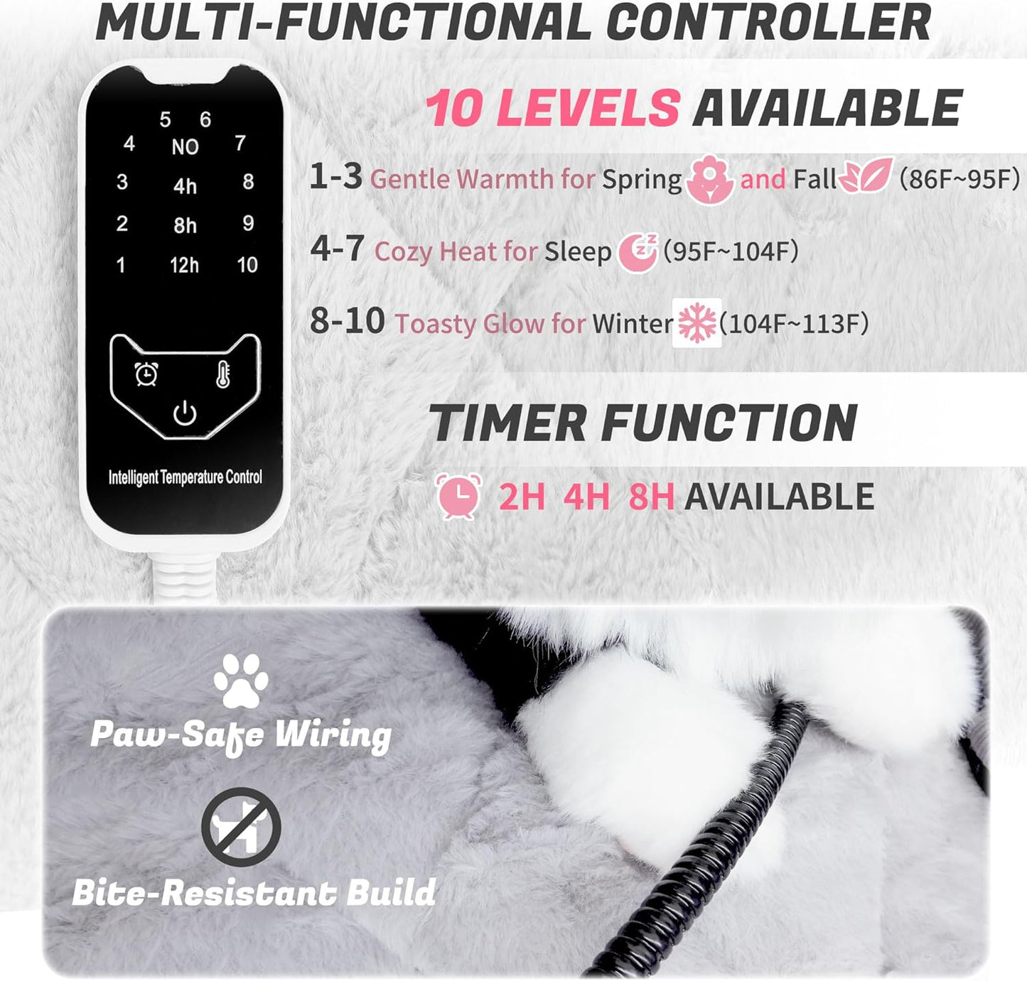 NWK Heated Cat Bed, Versatile Electric Heated Cat Bed with Temperature Adjustable & Auto Shut Off Timer, Chew-Resistant Cord