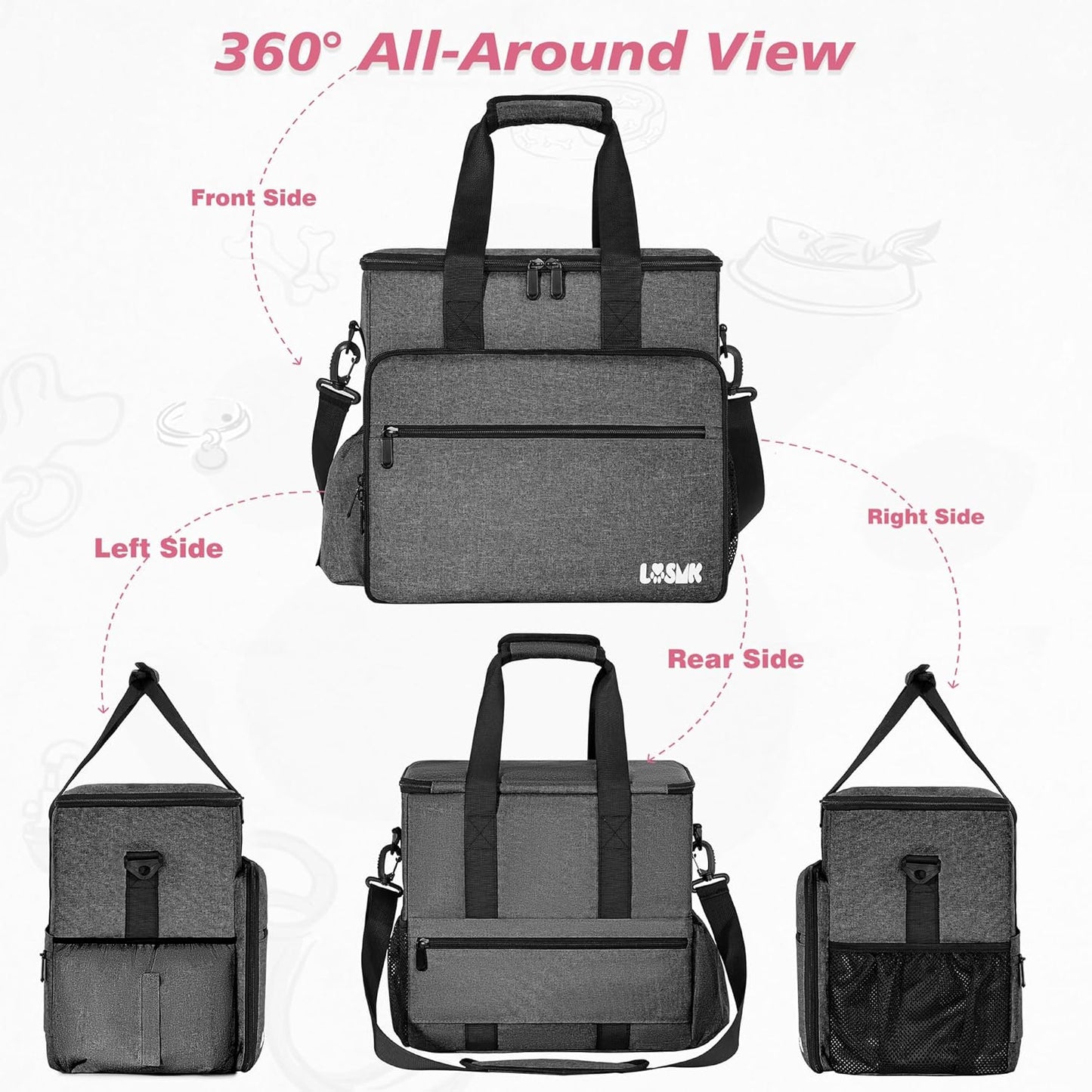 Dog Travel Bag, Large Pet Travel Set with Multi-Function Pockets, 2 Food Storage Containers, 2 Collapsible Bowls, 1 Feeding Mat for Pet Supplies, Road Trip Essentials, Weekend Camping (Black)