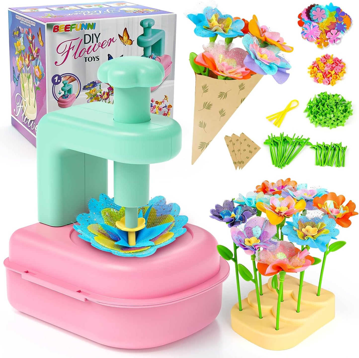 beefunni Flower Bouquet Craft Kits, DIY Arts and Crafts for Kids 4-6-8, Upgrade Colorful Flowers Toys for 4 5 6 7 8+Year Old Girl Birthday Gifts Ideas, Easter Basket Stuffers Gifts for Kids Toddler