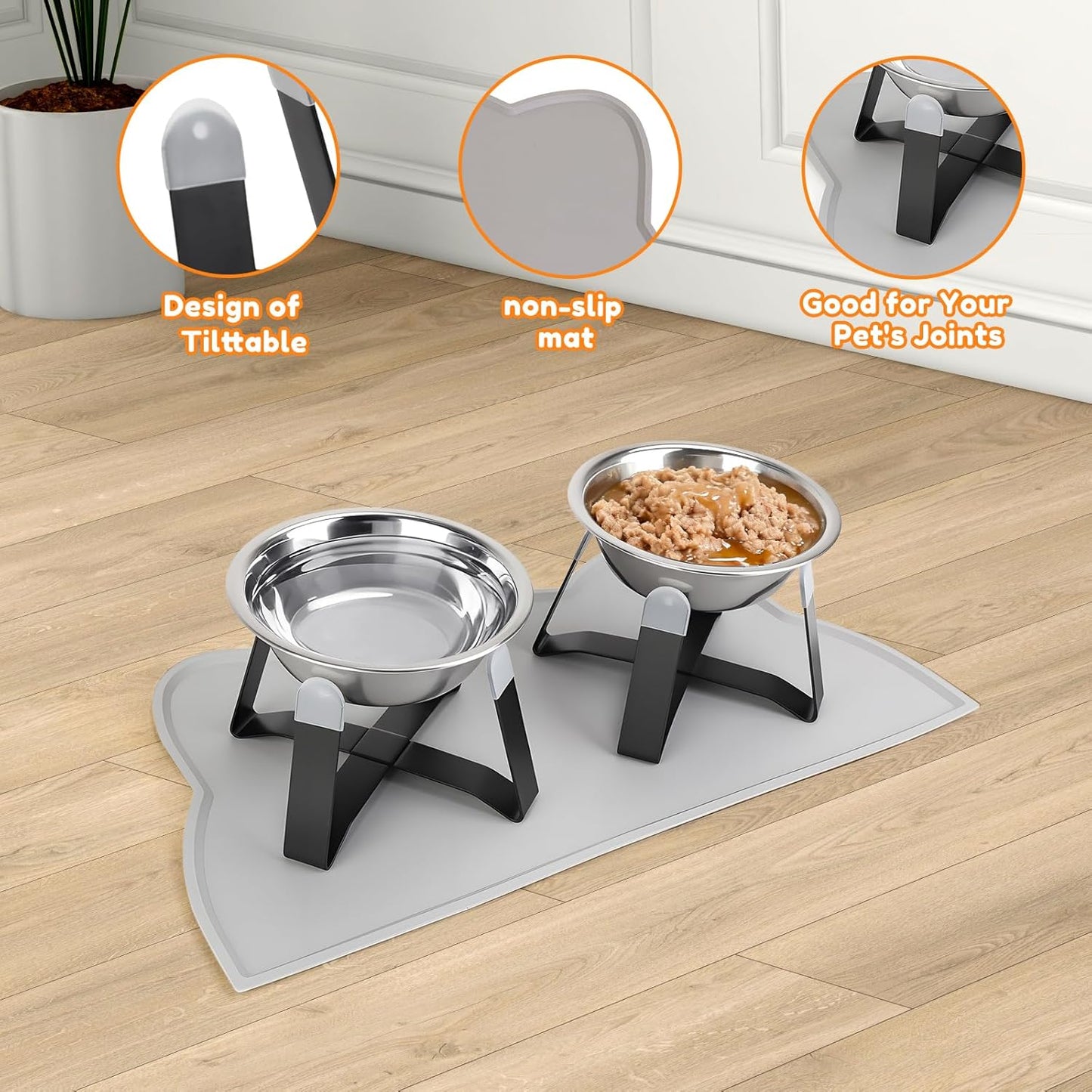 2 Pack Raised Cat Bowls Holder with Non-Slip Mat Stainless Steel Cat Feeder Elevated Pet Water Food Bowls for Cats Puppies Rabbits (Black)