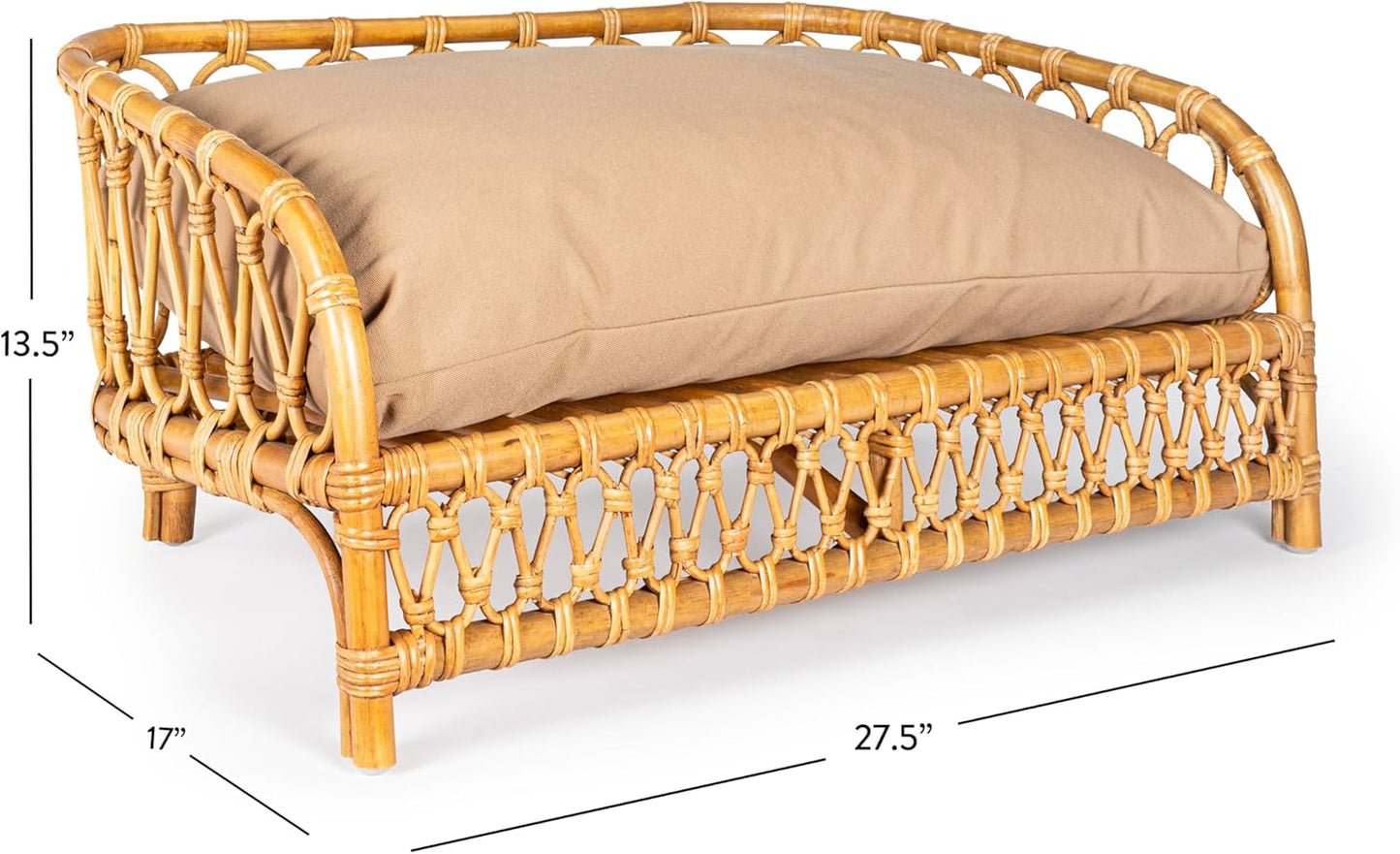 DBD1005A Elevated 27.5" x 17" Bohemian Handwoven Rattan Dog Daybed with Machine-Washable Cushion, Natural