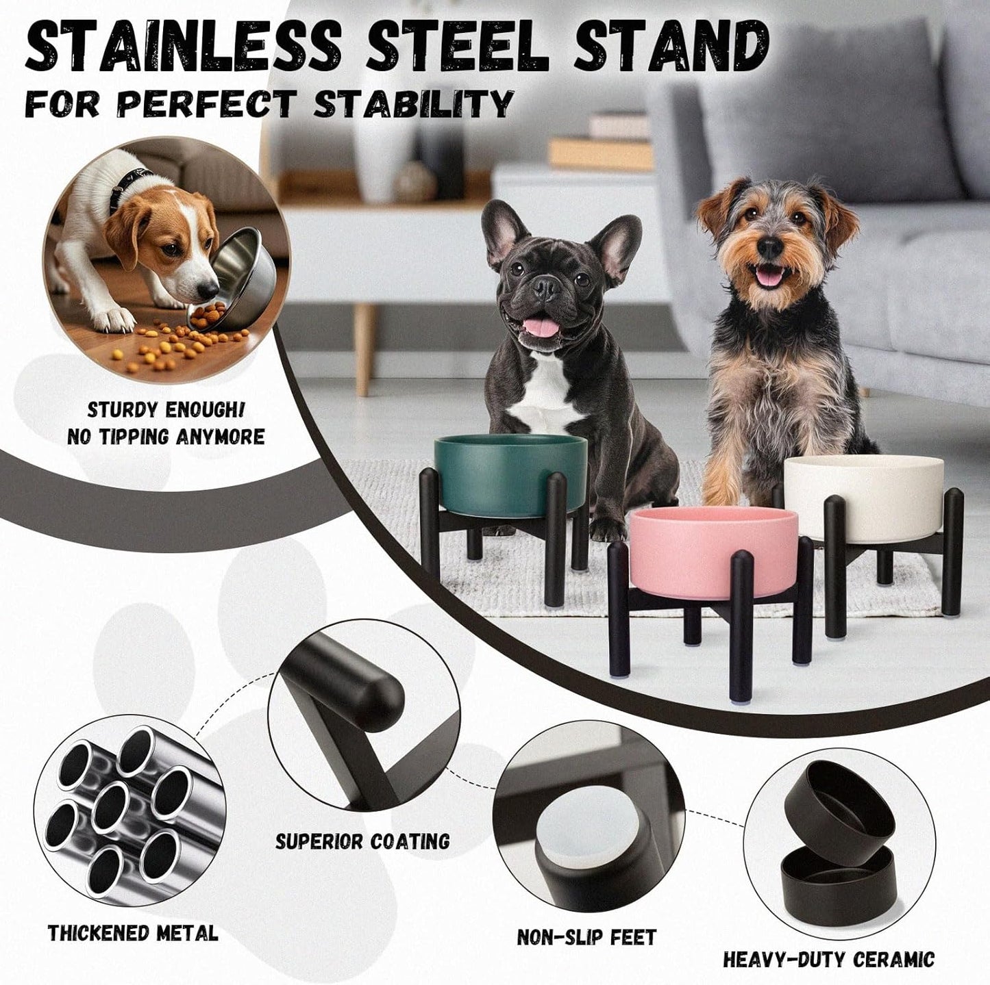 Raised Ceramic Dog Bowl - Elevated Food Water Dish with Stainless Steel Stand - for Small to Medium Dogs - 6 Inch - 2 Cups (28.75 fl oz) - Black