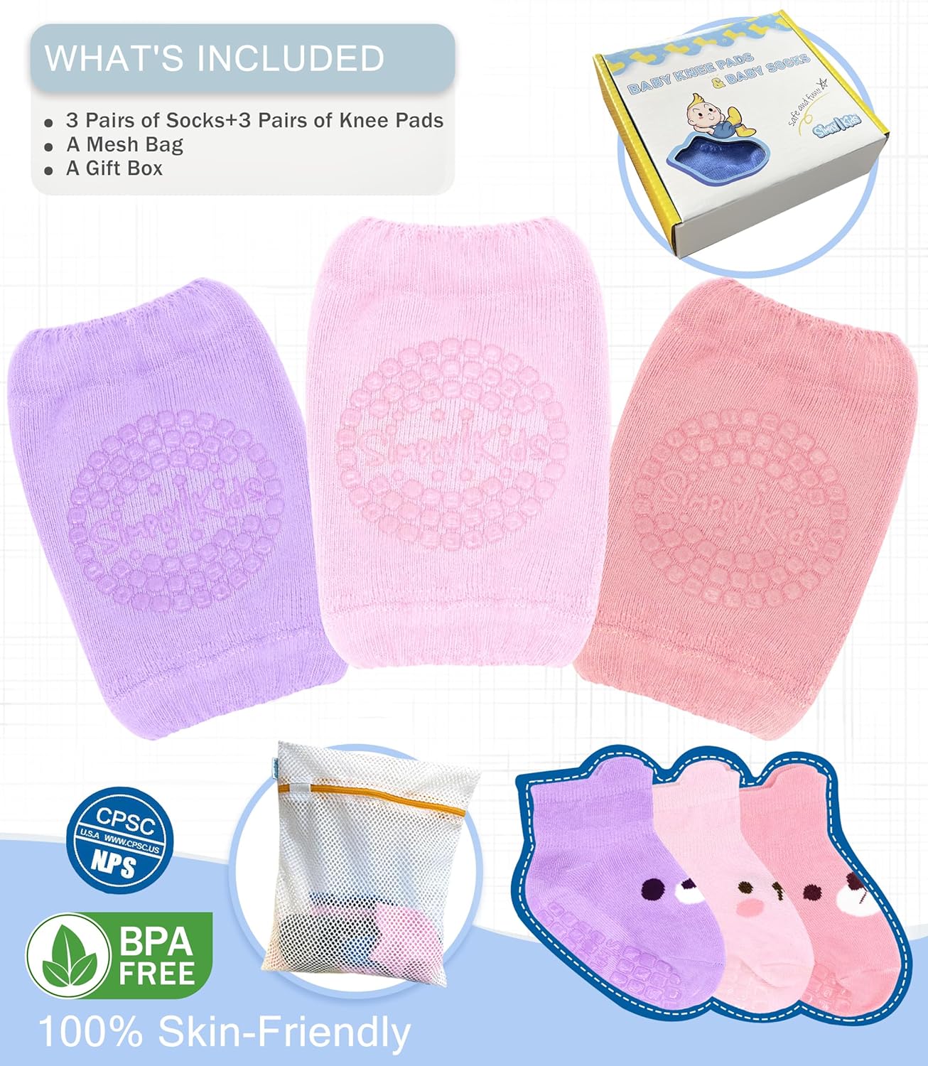 Simply Kids Anti-Slip Baby Knee Pads and Socks Set for Crawling and Walking (6 Pairs, 6-18 Months) Infant Toddler Boy Girl