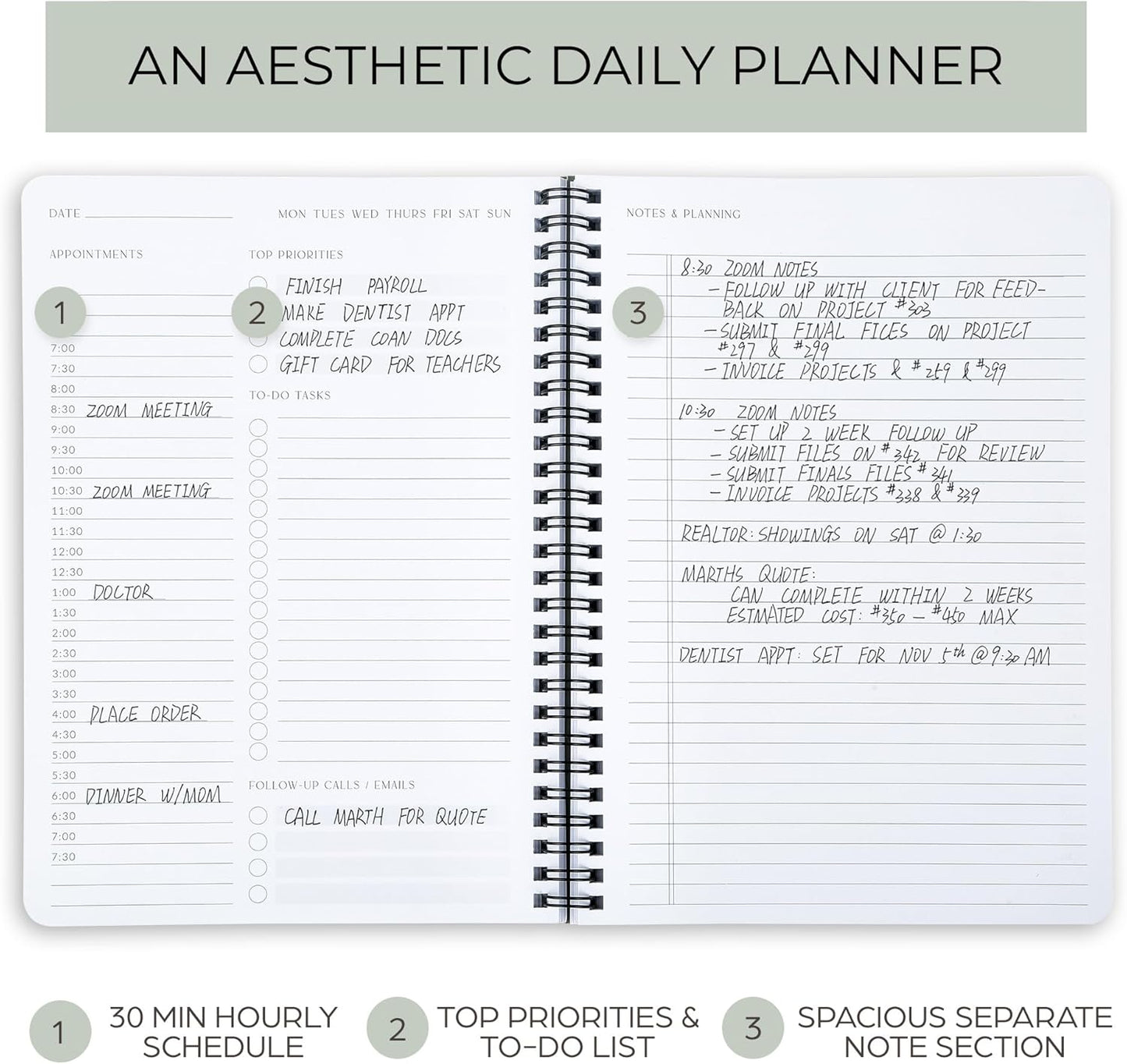 Beautiful Daily Planner And Notebook With Hourly Schedule - Aesthetic Spiral To do List Notepad to Easily Organize Your Work Tasks And Appointments - The Perfect Office Supplies For Women