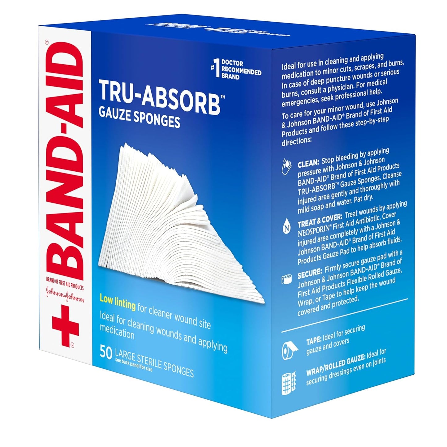 BAND-AID Brand First Aid Products Tru-Absorb Sterile Gauze Sponges for Cleaning and Cushioning Minor Wounds, Cuts & Burns, Low-Lint Design, Individually Wrapped 4 in by 4 in Pads