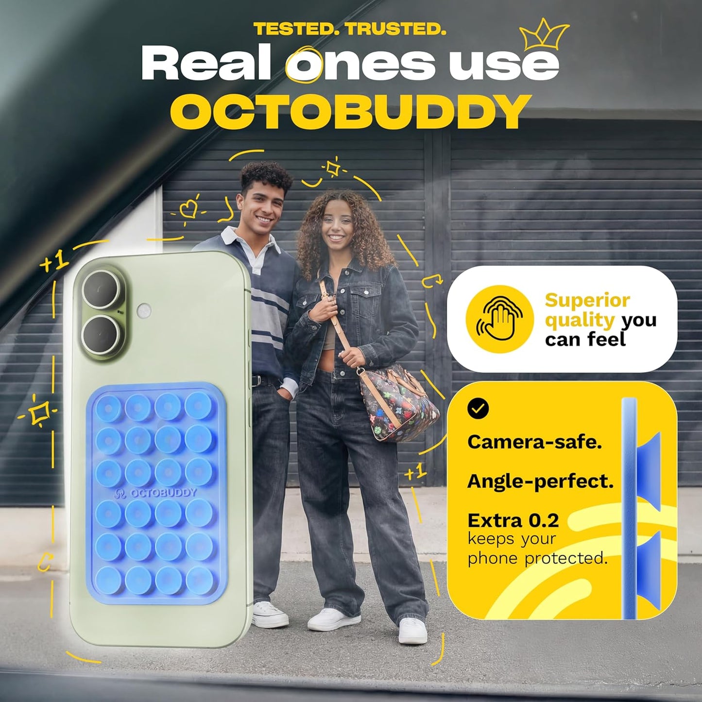OCTOBUDDY Classic - Silicone Suction Phone Case Adhesive Mount - Hands-Free, Strong Grip Holder for Selfies & Videos - iPhone & Android Compatible - 2.25″ x 3.25″, Baby Blue
