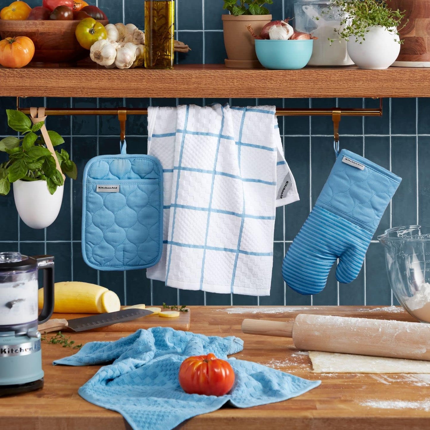 KITCHENAID Quilted Cotton Terry Cloth Oven Mitt, Pot Holder, Kitchen Towel 4-Pack Set, Heat Resistant, Silicone Grip, Gift Set, Blue Velvet, 16"x26", 7"x13" & 7"x10"