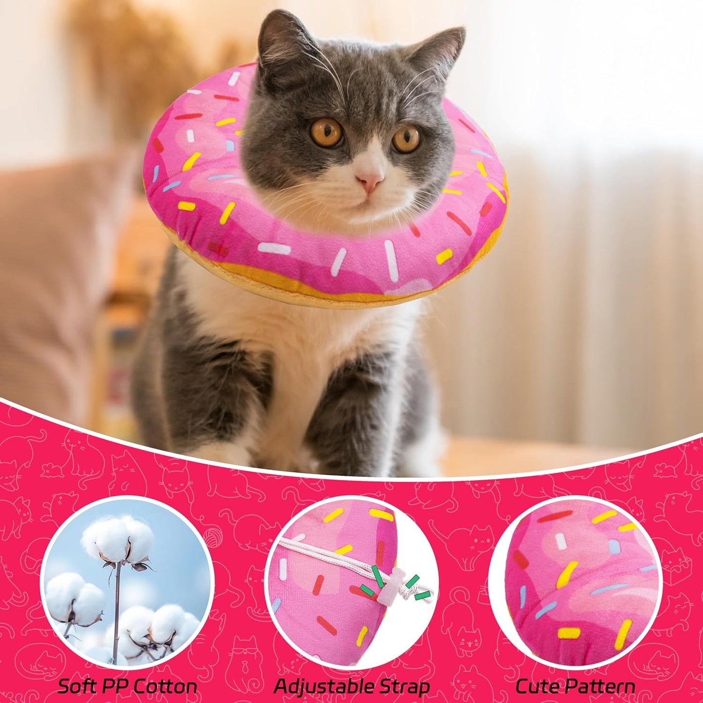 Cat Cone Collar Soft, Adjustable Cat Recovery Collars Spay Cones to Stop Licking, Cute Donut E Collar After Surgery, Anti-Lick Wound Healing Elizabethan Collar for Kittens (Donut Pink, Small)