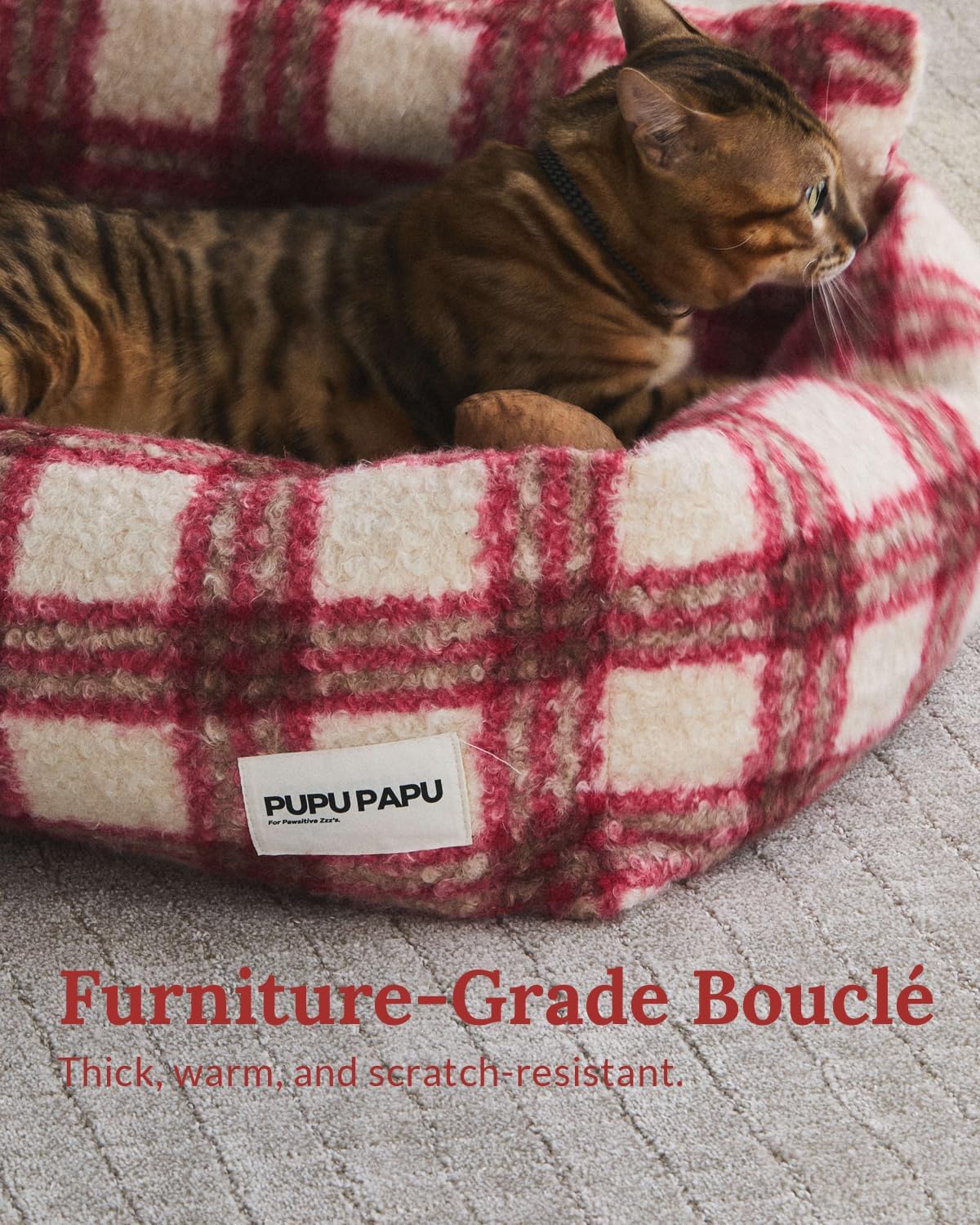 Bouclé Plaid Cat Sofa - Designer Mid-Century Modern Pet Couch, Furniture-Grade Aesthetic Bed for Indoor Cats & Small Pets, Berry Red Rustic Decor, Washable, 21.6"x17.7"