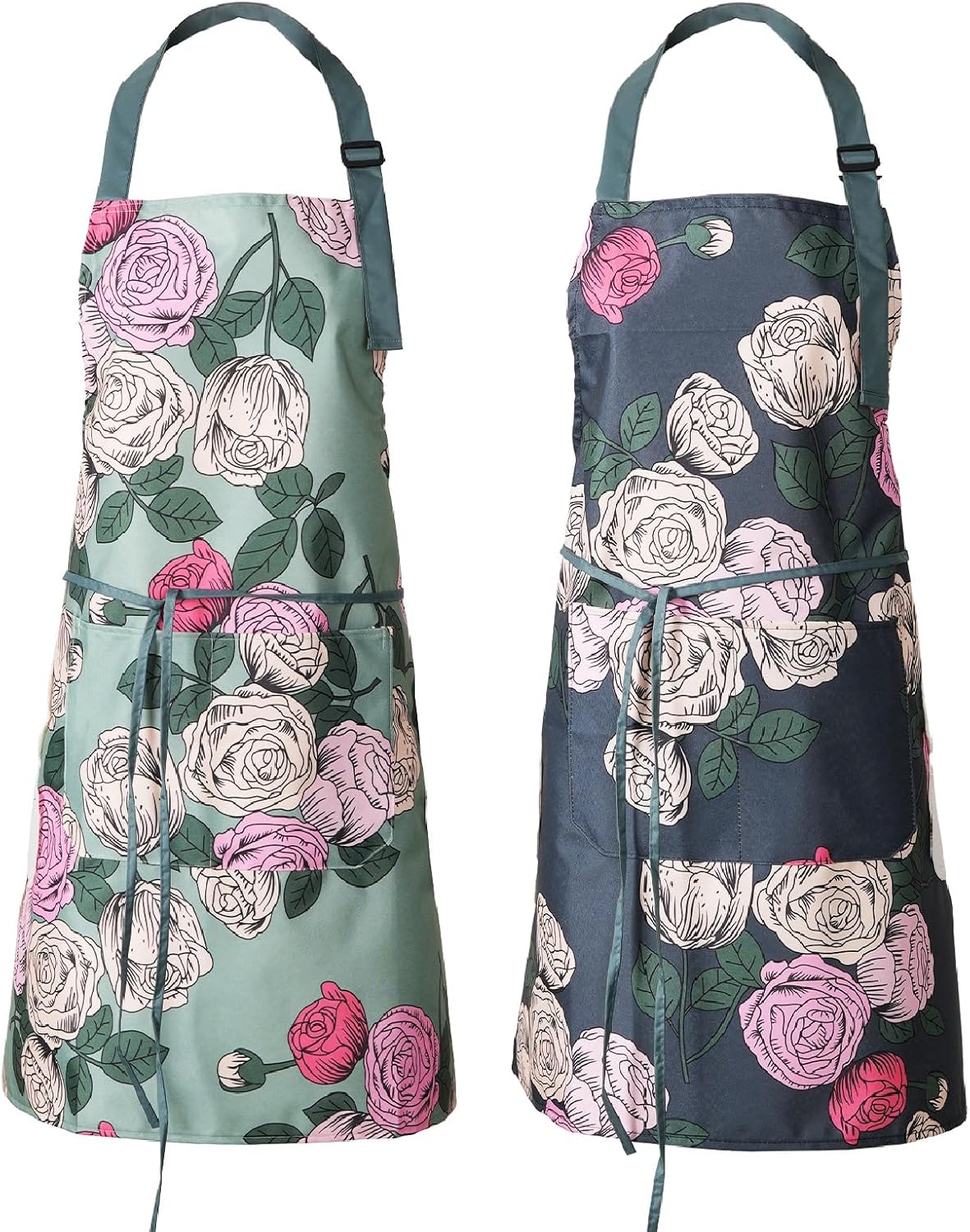 DILLMAN 2 Pack Floral Aprons with Pocket Blooming Womens Waterproof Adjustable Cooking Aprons Kitchen Gardening Salon