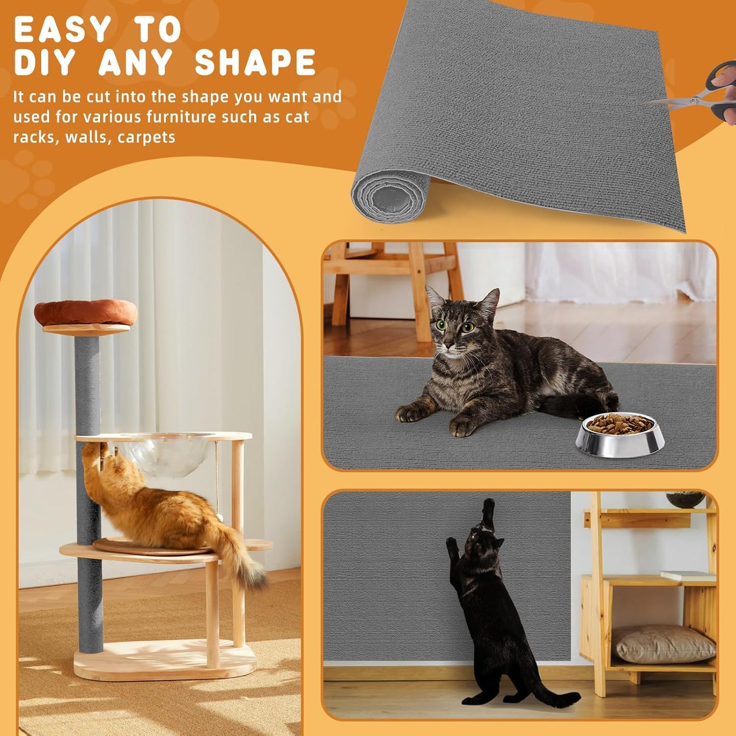 4pack Cat Scratch Couch Furniture and Wall Protector | Adhesive Cat Scratch Pad for Covering Cat Tower, DIY Climbing Cat Scratcher Couch Protector from Cat Claws Scratching (Light Gray)