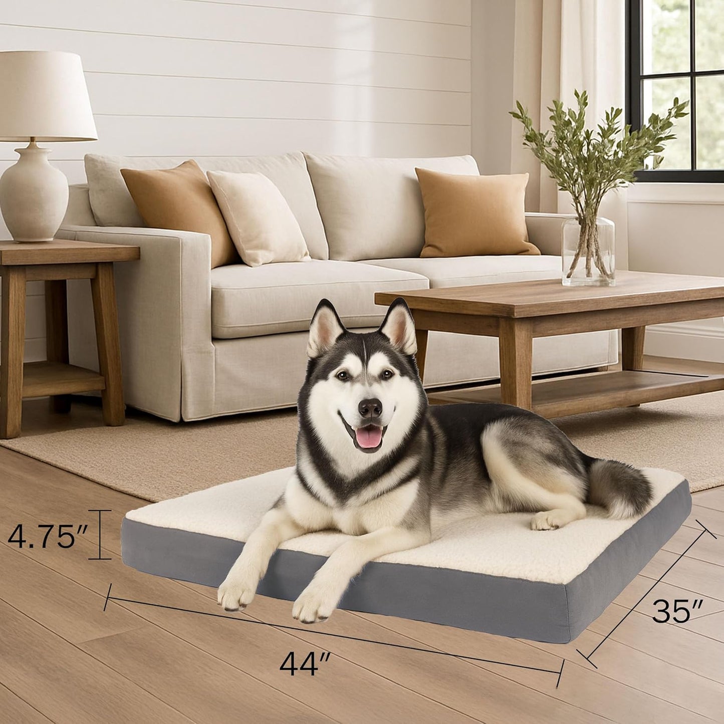 Orthopedic Dog Bed - 2-Layer 44x35-Inch Memory Foam Pet Mattress with Machine-Washable Sherpa Cover for Large Dogs up to 100lbs by PETMAKER (Gray)