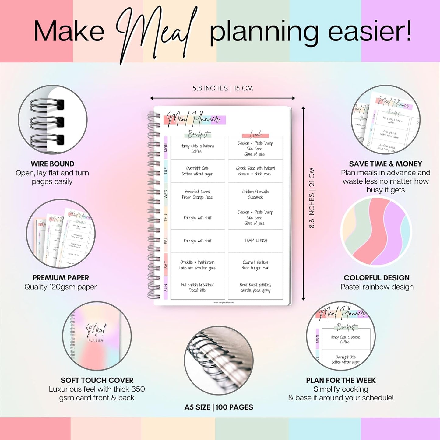 Meal Plan | Weekly Meal Planner & Food Diary, Food Journal for Tracking Meals & Shopping, Grocery List, Meal Prep Planner, A5 Rainbow
