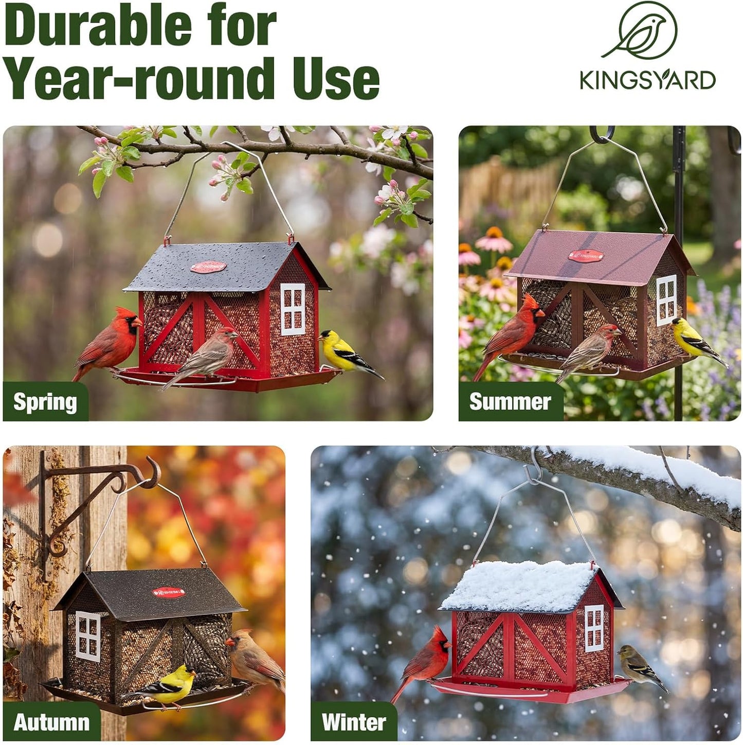 Kingsyard Metal Bird Feeder for Outdoors Hanging, 2-in-1 Wild Bird Feeder with Seed Tray & Built-in Perch, 5 lb Large Capacity for Cardinal Chickadee Finch, Bronze