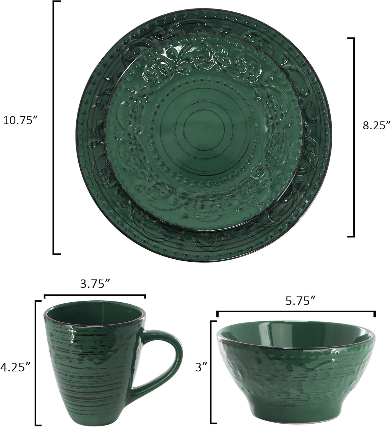Elama Malibu Sea Glass 16-Piece Stoneware Embossed Pattern Reactive Glaze Dark Green Dinnerware Set, Tableware, Serveware Set (Sea Glass Green)