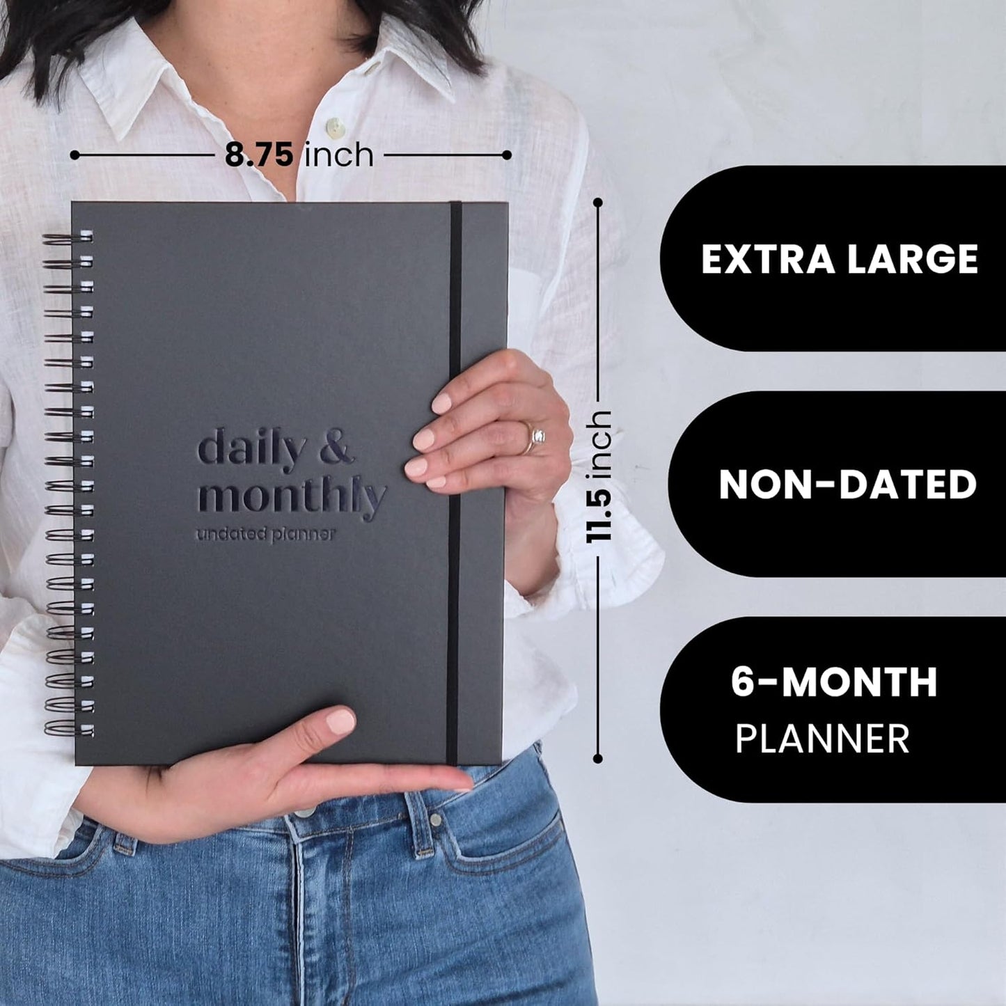 Undated Daily Planner | 2026 Calendar | Large Daily and Monthly Planner with Hourly Schedule, 8.5" x 11" | 6 Month, Full Page a Day, To do List, Time Blocking, Black Aesthetic Hardcover Spiral Notebook