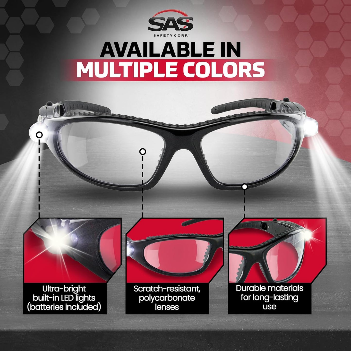 LED Inspector Safety Glasses | Protective Eyewear | Black Frame, Polycarbonate Clear Frames | Low to High Impact | Built-In LED Lights | 99.9% UV Protection | Woodworking, Construction, Mechanic