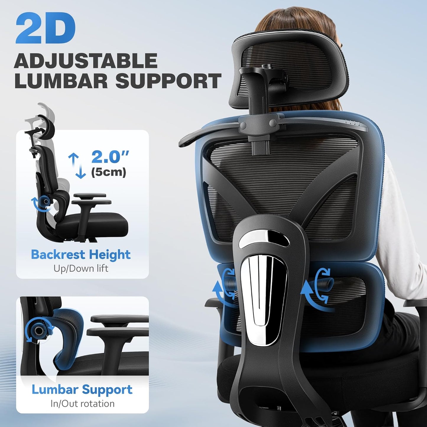 Ergonomic Office Desk Chair, High Back Mesh Office Chair with Adjustable Lumbar Support, 3D Headrest, Big and Tall Home Computer Desk Chairs Comfy for Work, Gaming, 300lbs, Black
