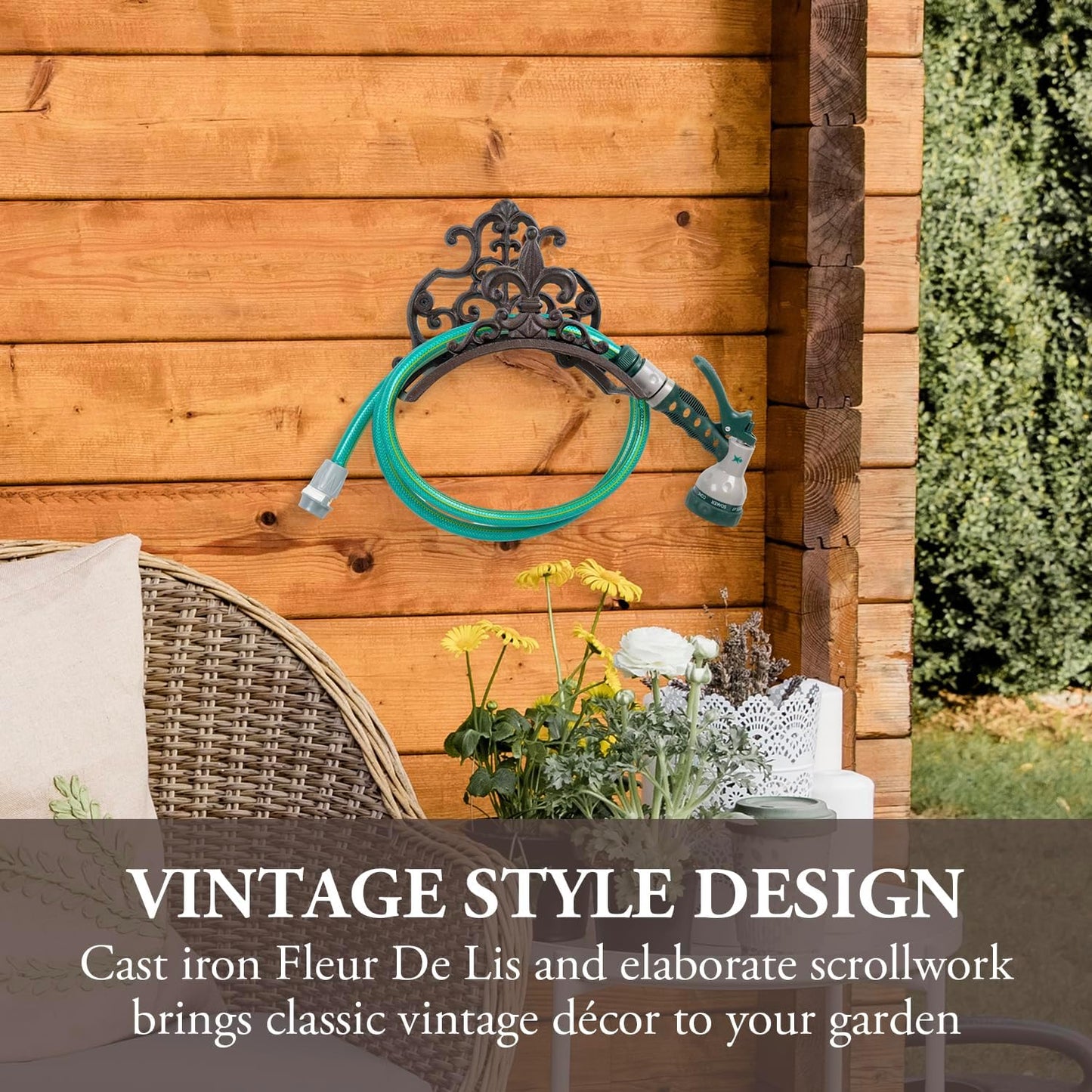 MyGift Dark Coffee Cast Iron Wall Mounted Garden Water Hose Holder, Decorative Vintage Fleur De Lis Floral Scrollwork Waterhose Reel Hanger Storage Rack