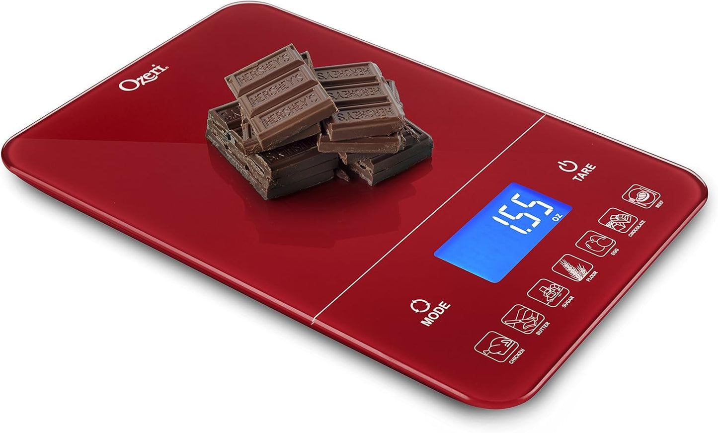 Ozeri Touch III 22 lb (10 kg) Digital Kitchen Scale with Calorie Counter in Tempered Glass, Red Engine