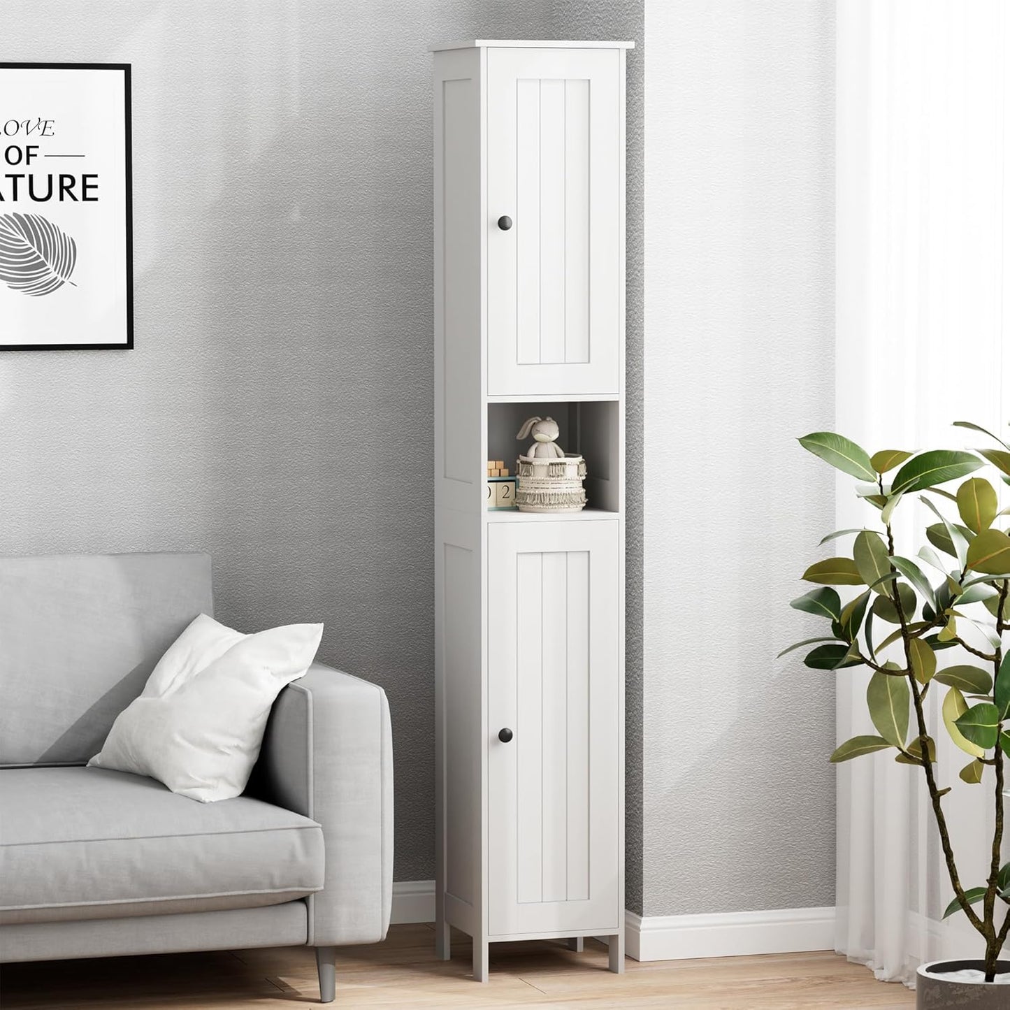 Tall Bathroom Storage Cabinet with 2 Doors, 67"H Narrow Storage Cabinet with Adjustable Shelves& Anti-Tip Design, Reversible Door Installation, Easy Assembly, 11.8 x 11.8 x 66.9 Inches, White