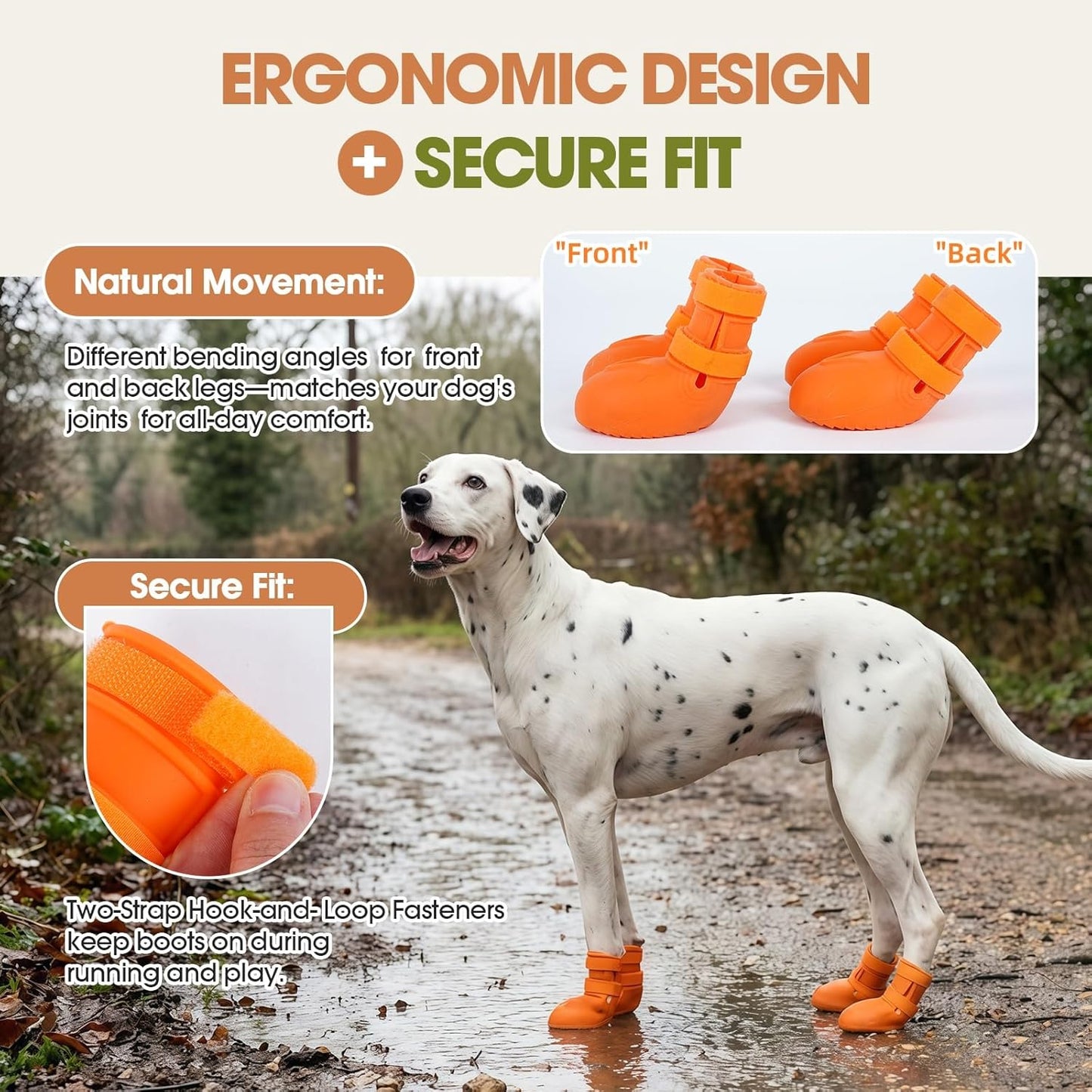 Pezluxe Waterproof Dog Boots, Non-Slip Dog Rain Boots with Ergonomic Design for Front & Back Paws, Outdoor Dog Shoes for Small Medium Large Dogs, Paw Protectors for Hot Pavement & Snow, Orange, XL