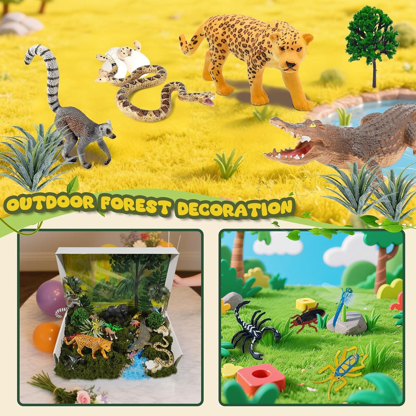 34 PCS Rainforest Diorama Kit Rainforest Animals Figurines Set Assorted Creatures Rainforest Diorama Supplies Animals Model Trees DIY Rainforest Decor