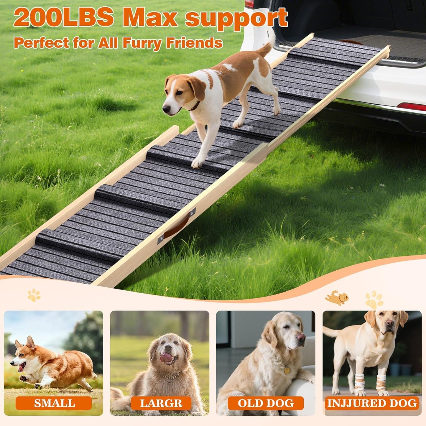 Dog Ramp for Car, 71''x 17'' Extra Long Deluxe Telescoping Design Wooden Pet Ramp, Pet Stair Ramps for Truck SUV with Non-Slip Surface, Portable Outdoor Dog Steps for Medium Large Dogs, Up to 200LBS