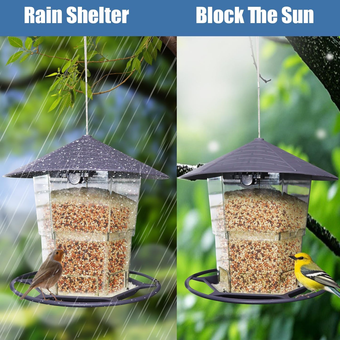 Bird Feeders for Outside, Adjustable Feeder with Sturdy Wire and Roof, Plastic Birds Feeder for Garden, Backyard, Terrace