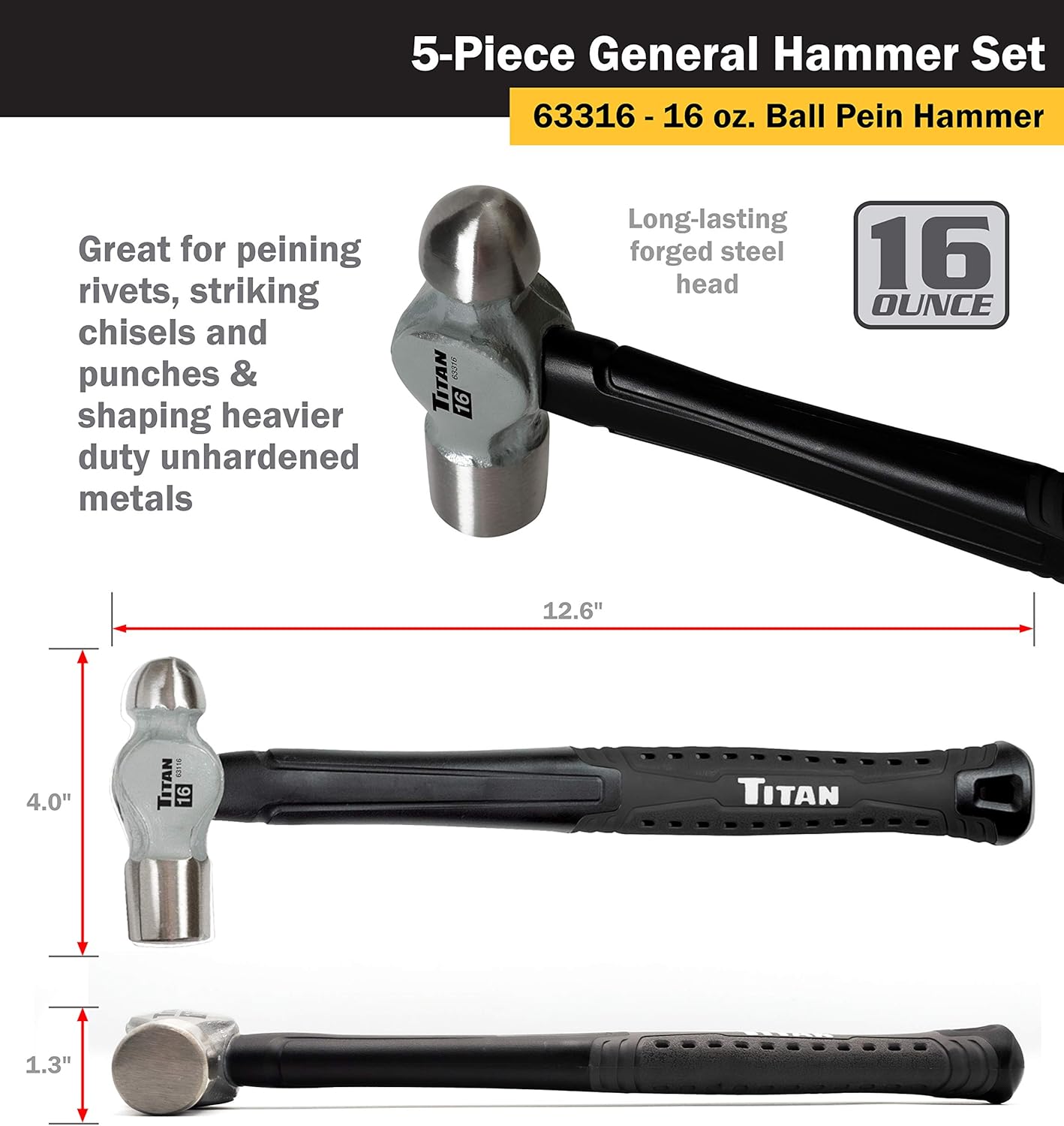 Titan 63125 5-Piece Hammer Set, Includes 16oz & 32oz Ball Pein, 32oz Rubber Mallet, 3lb Sledgehammer, & 3lb Cross Pein, Shock Absorbing Fiberglass Handles with Textured Grips