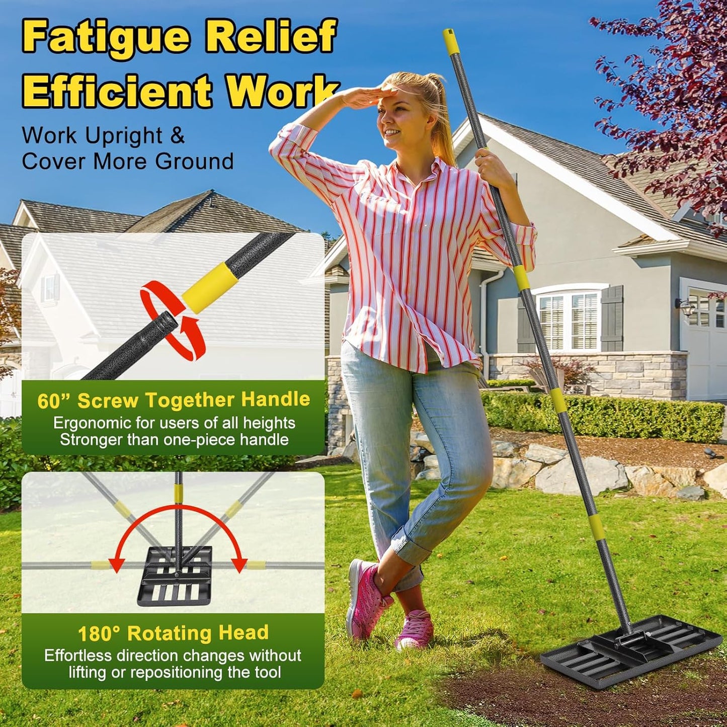 Lawn Leveling Rake: Anti Flipping 17" x 10" Stainless Steel Lawn Ground Leveler for Soil, Heavy Duty Grass Top Soil Dressing Leveling Rake, Home Lawn,Golf Field,Yard Landscaping Tool, 60” Long Handle