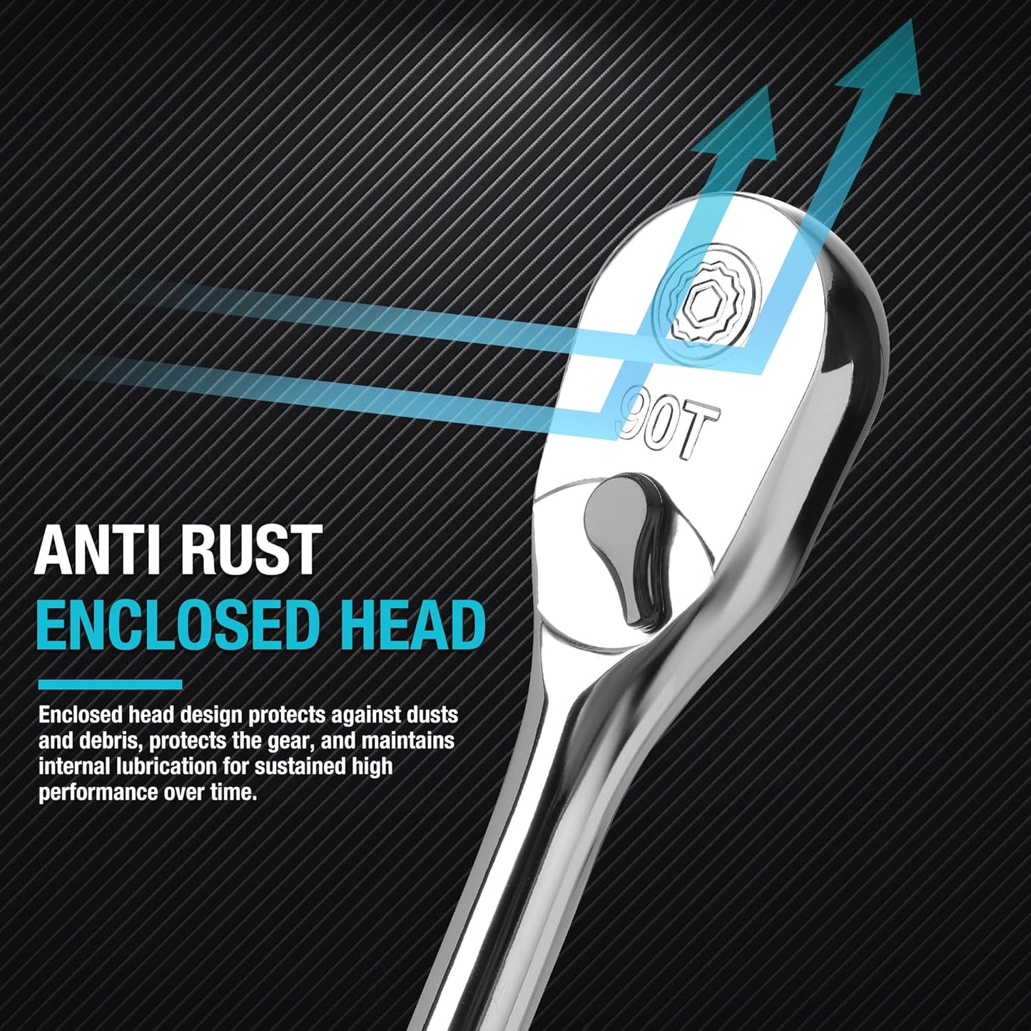 DURATECH 3-Piece Extra Long Drive Ratchet Handle, 1/4", 3/8", 1/2" 90-Tooth Ratchet Wrench with Dust Proof Teardrop Enclosed Head, Reversible, CR-V Steel Made, CR-MO Head, Full Polished, Gifts for Men