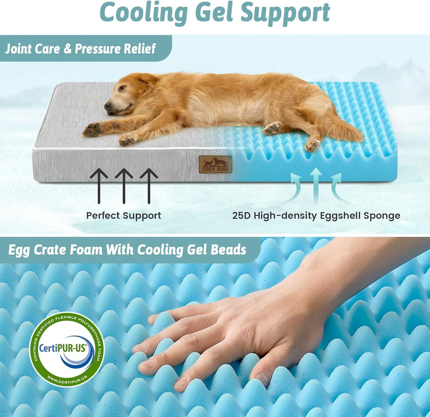Cooling Dog Bed for Crate, Waterproof Dog Crate Mat with Removable Washable Cover, Orthopedic Egg Crate Foam Support, Dog Crate Bed 29x18x3 Inch,Silver Grey