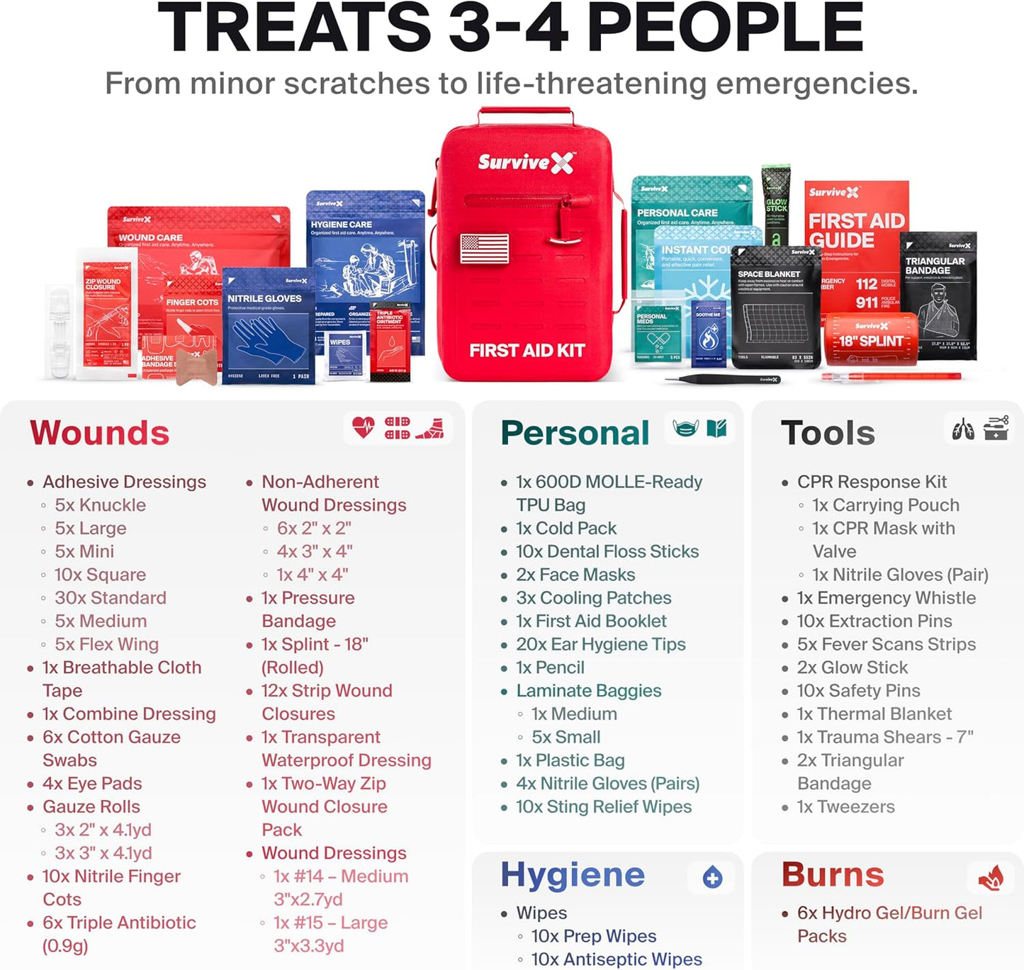 Large Waterproof First Aid Kit for Car, Travel & Home - Emergency Kit for Hiking, Camping, Backpacking and Outdoors - Includes Zip Stitch Wound Closure Strips