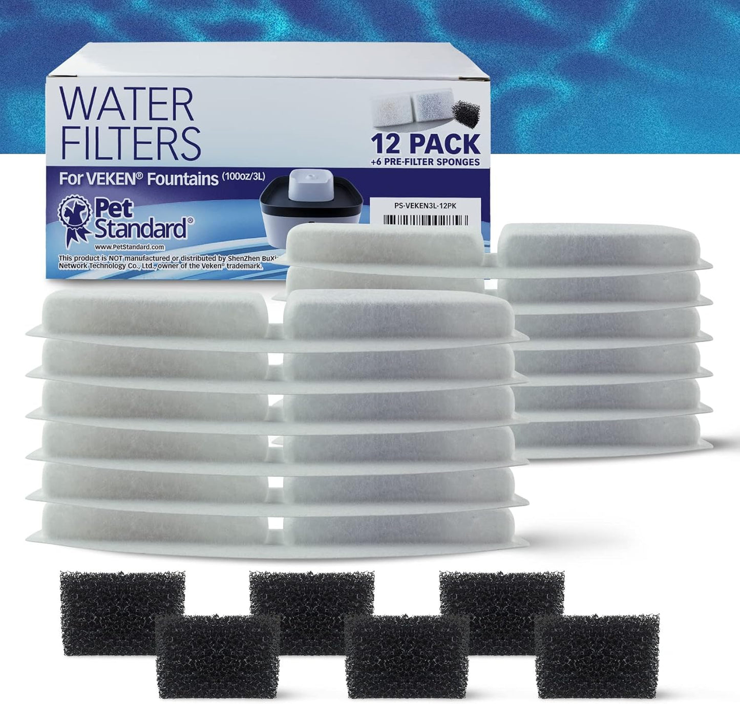 PET STANDARD Replacement Water Filter & 6 Pack Replacement Pre-Filter Sponges Compatible With VEKEN® 100oz/3L Automatic Pet Fountain, Pack of 12