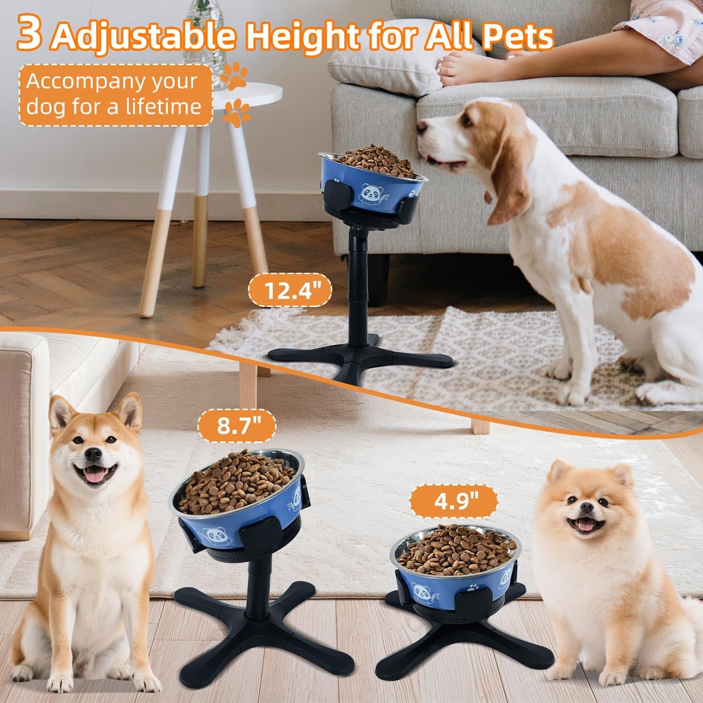Elevated Dog Bowl, Raised Dog Bowls with 3 Heights & Tilted Feeding Design, Fits 14-24.5cm Bowls, Raised Stand for Large, Medium & Small Breed with Dogs Slow Feeder Bowl & Anti-Slip Mat