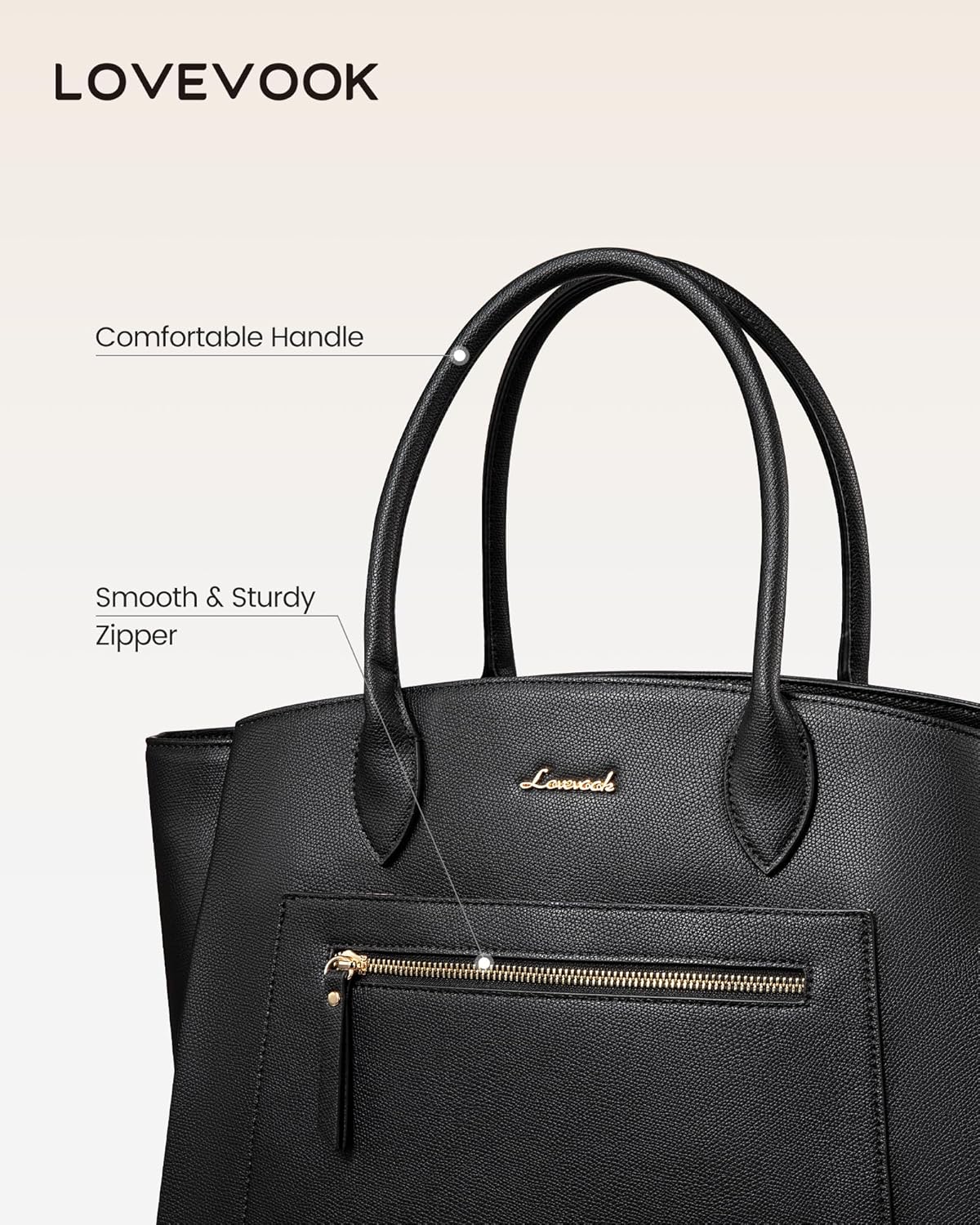 LOVEVOOK Laptop Tote Bag for Women, 15.6 Inch Large Capacity Work Bags Briefcase Purse with Multiple Pockets & Large Bottle Holder, Vegan Leather Business Office Computer Bag for Teacher, Black